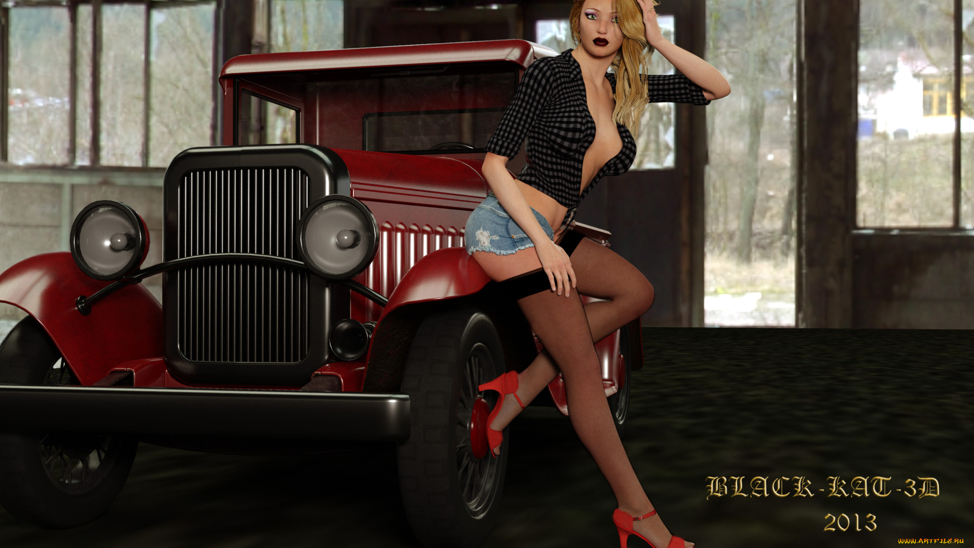 автомобили, 3d, car&girl, взгляд, автомобиль, девушка