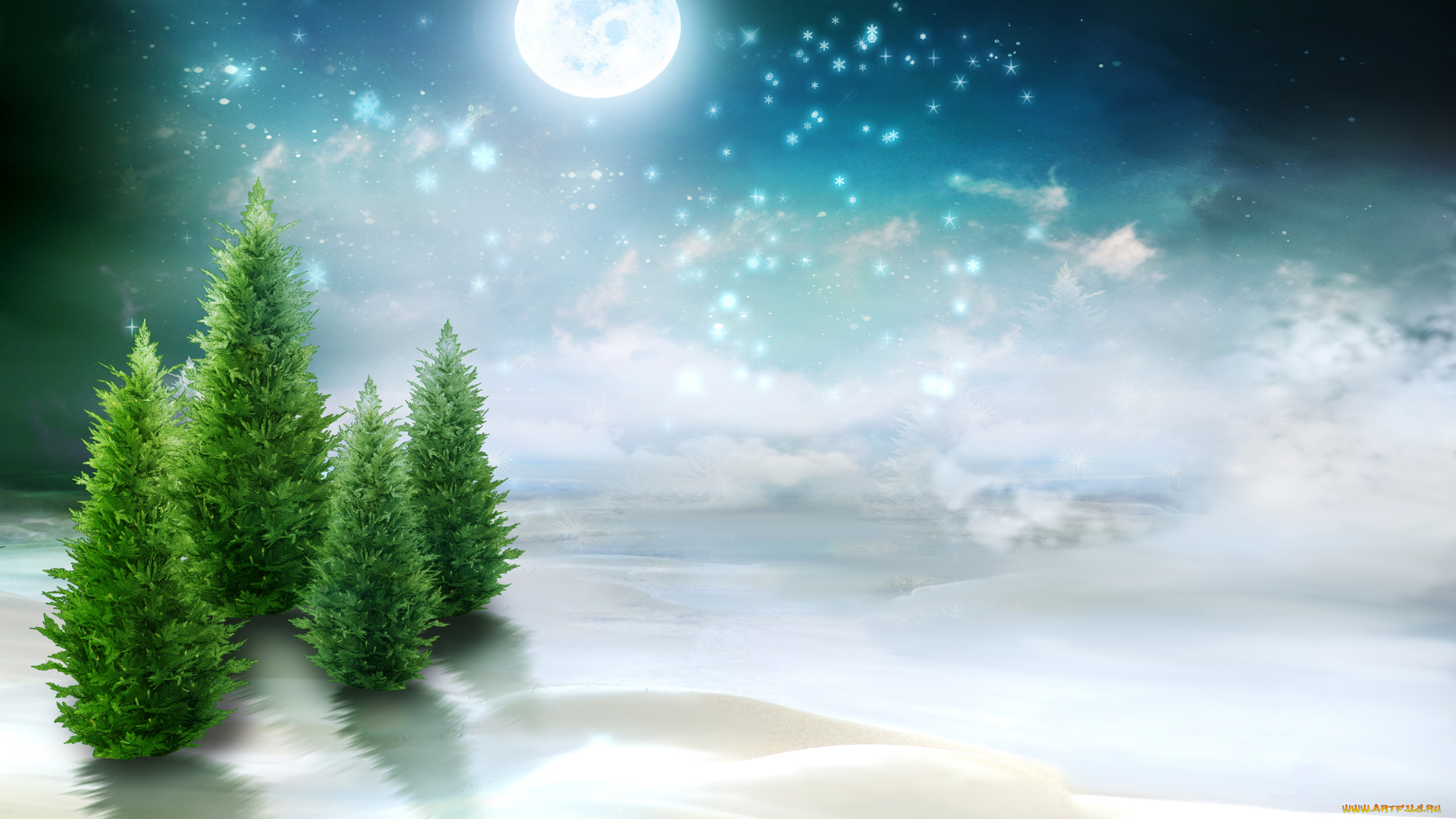 рисованные, природа, луна, снег, деревья