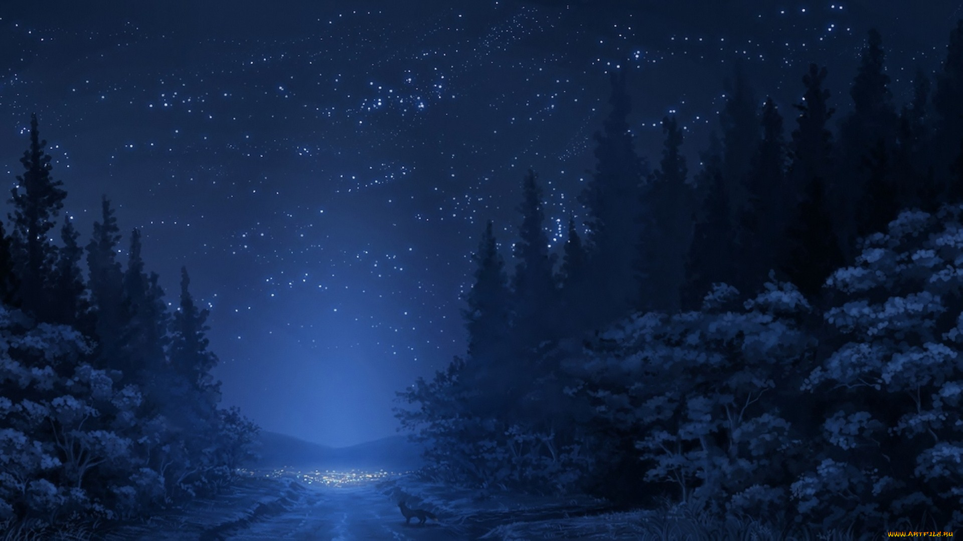 рисованные, природа, небо, деревья, зима, дорога, горы, снег, лес, лиса, звезды, ночь