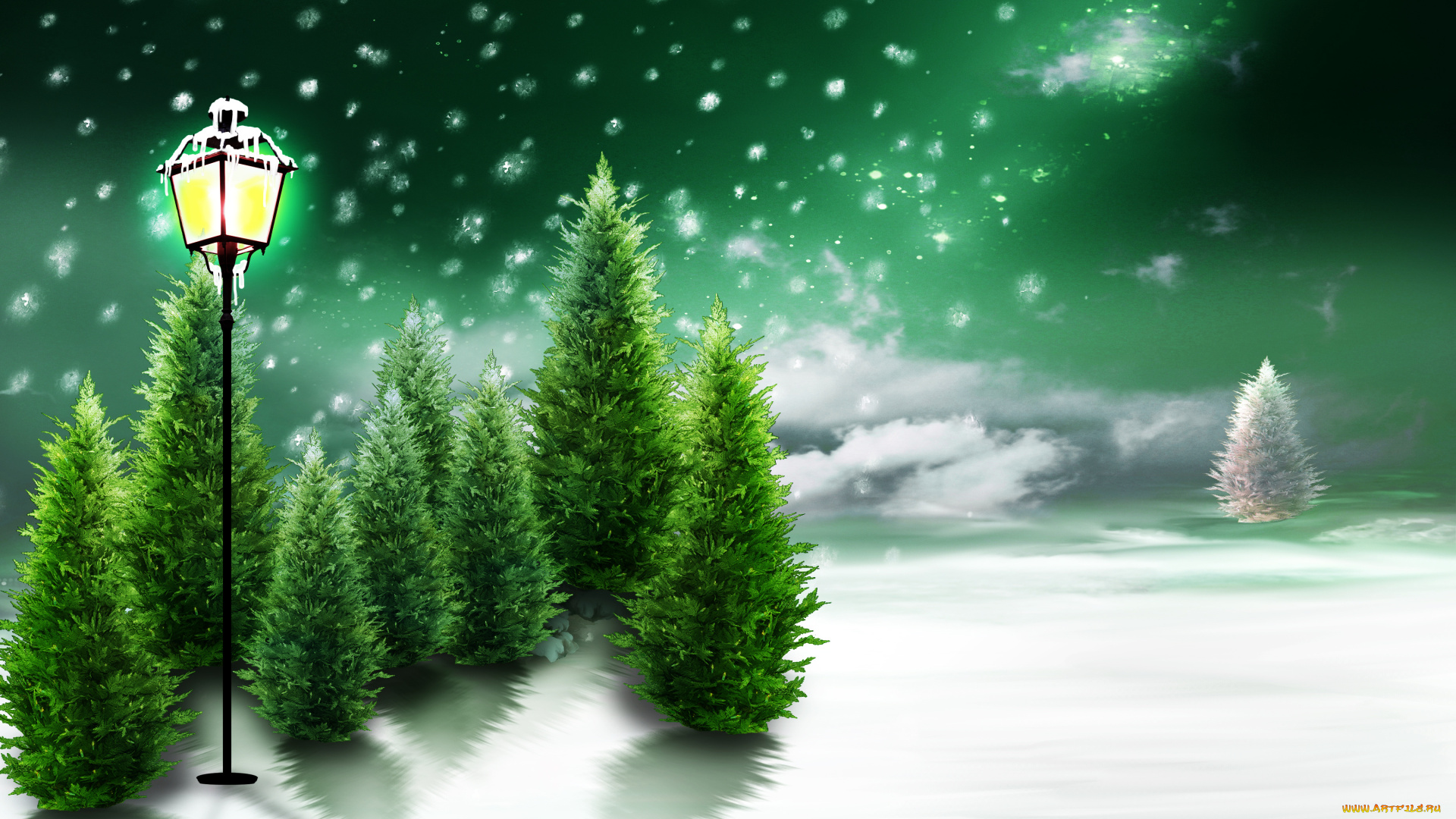 рисованные, природа, снег, фонарь, деревья