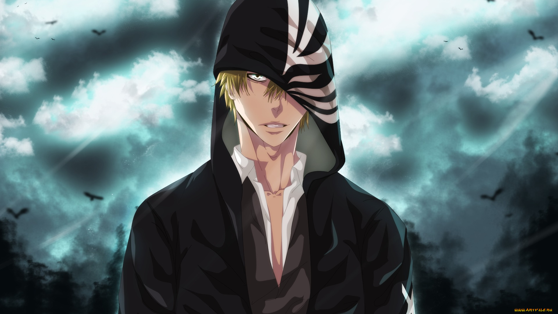 аниме, bleach, арт, парень, shinigami, ichigo, kurosaki, капюшон