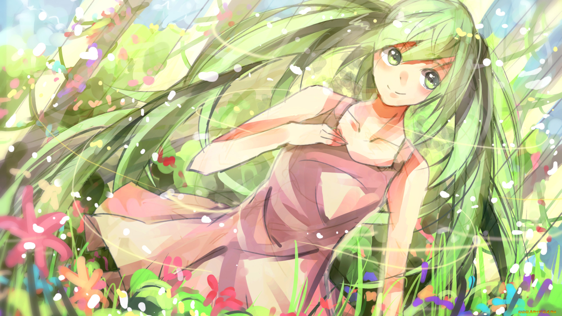 аниме, vocaloid, девушка, цветы, hatsune, miku