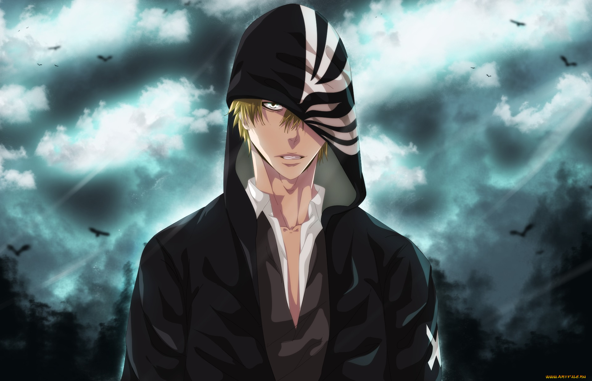 аниме, bleach, арт, парень, shinigami, ichigo, kurosaki, капюшон