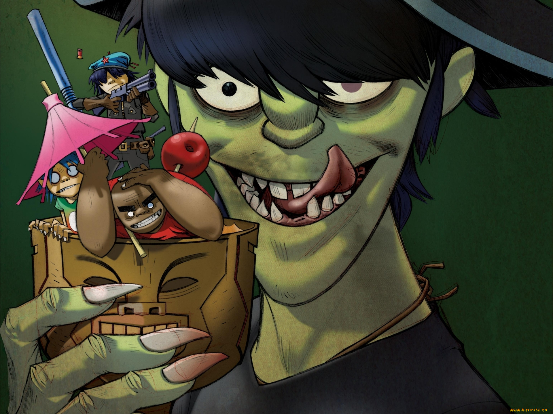 музыка, gorillaz, noodle, murdoc, 2d, коктель, зонтик, russel, plastic, beach, группа, нудл, мёрдок, рассел, гориллаз