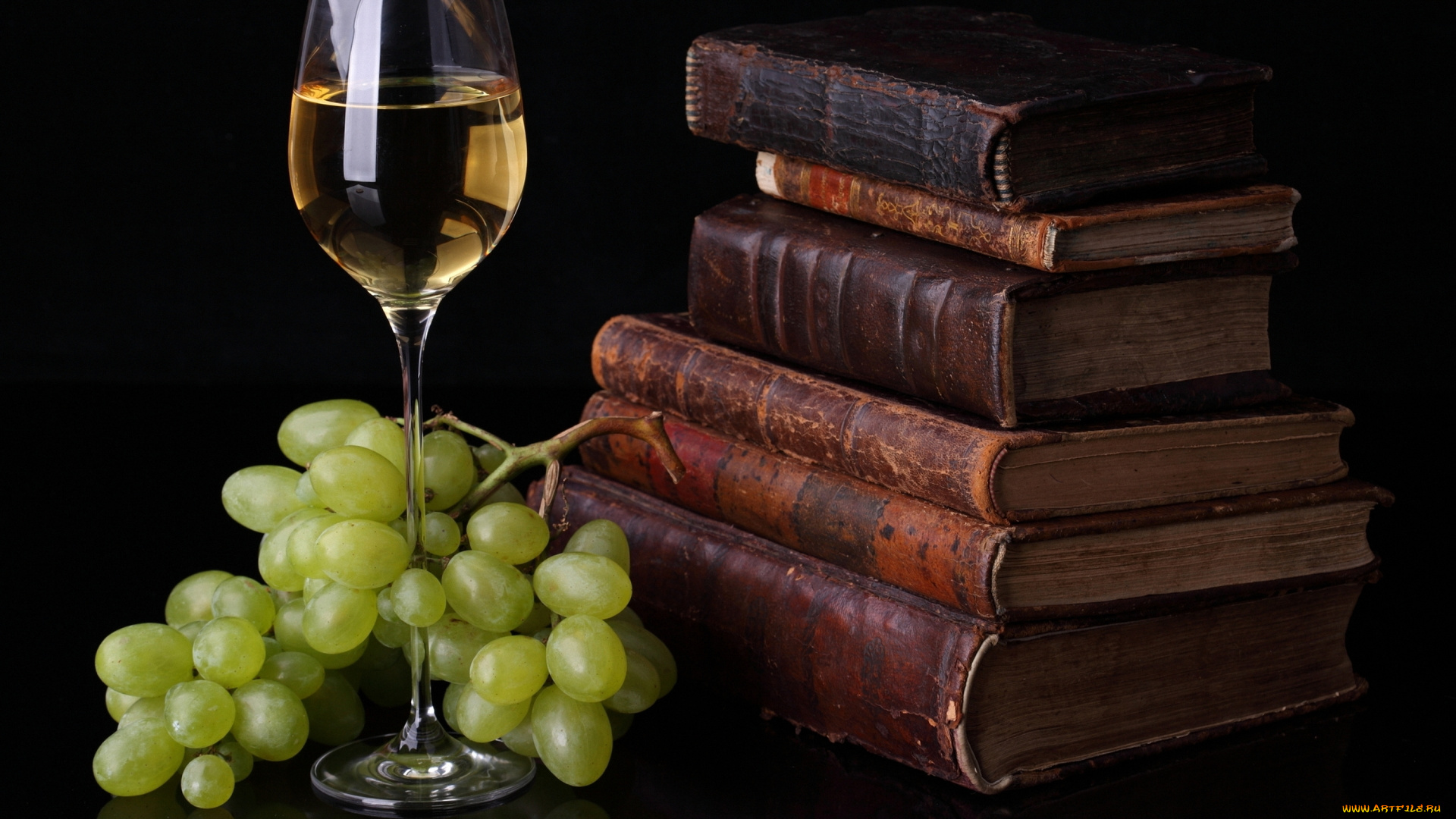 еда, натюрморт, книги, виноград, бокал, вино