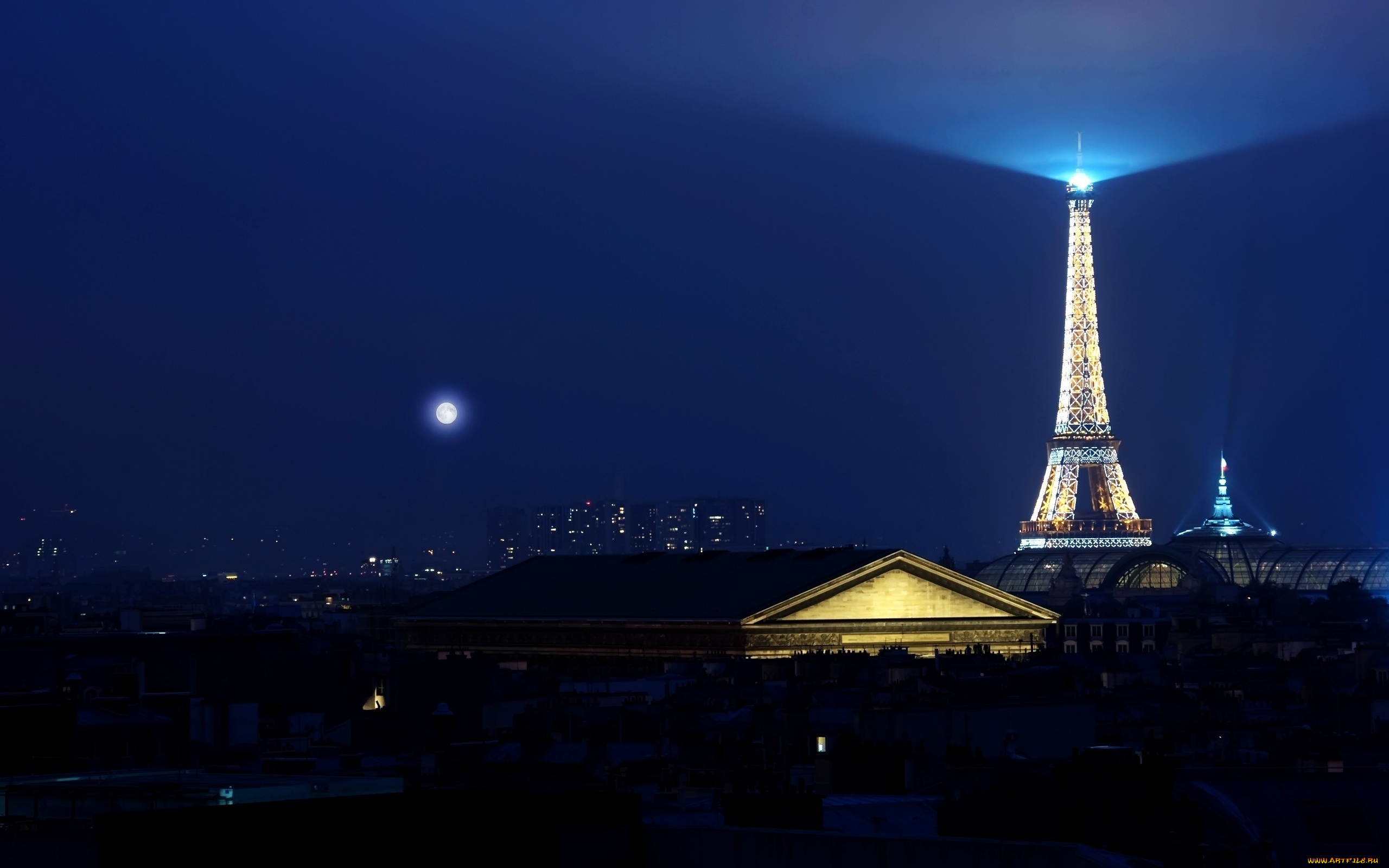 парижская, ночь, города, париж, франция, дома, луна, эйфелева, башня, свет