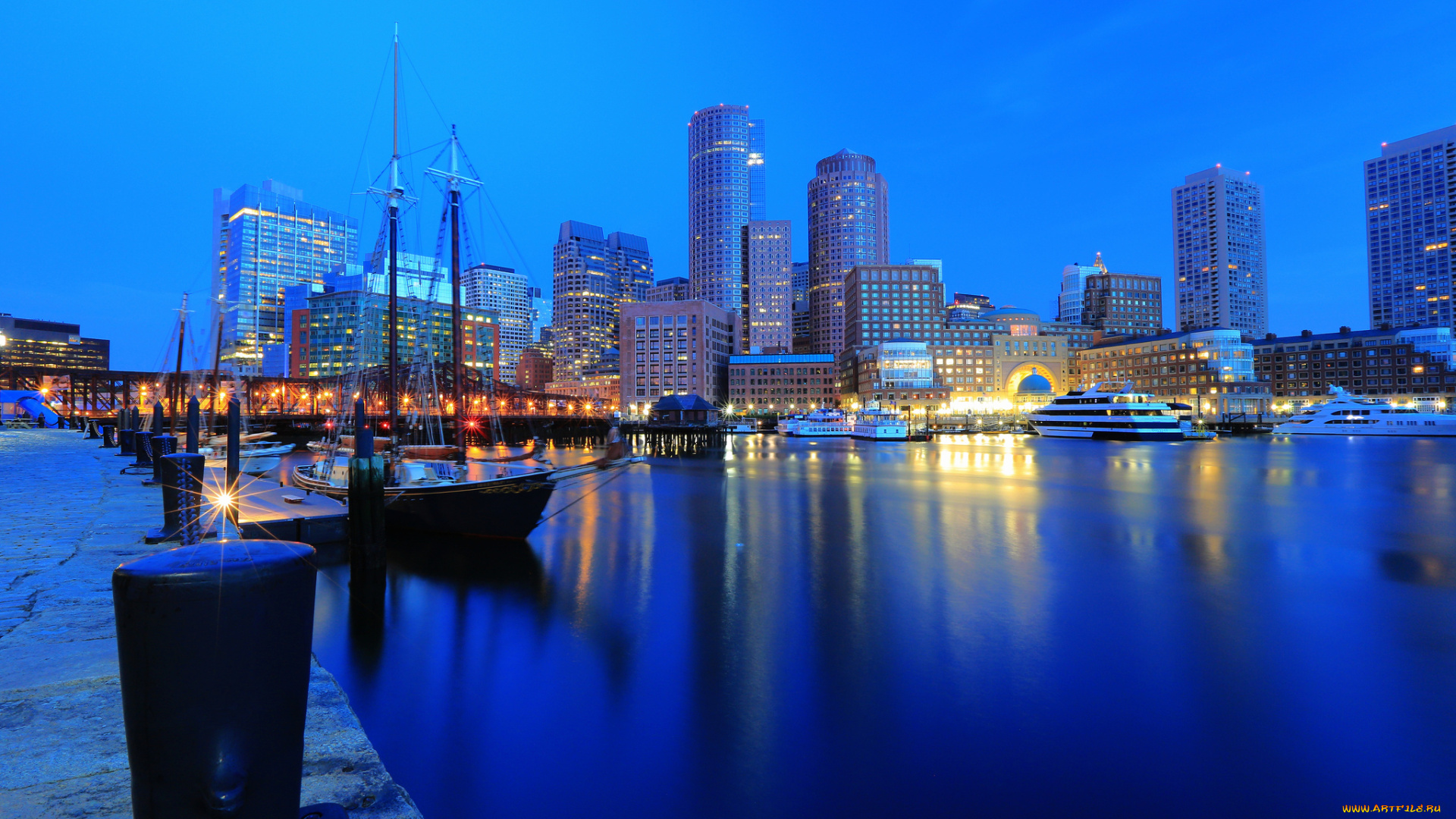 boston, города, огни, ночного, яхты, здания, причал, набережная, ночной, город, бостон, гавань