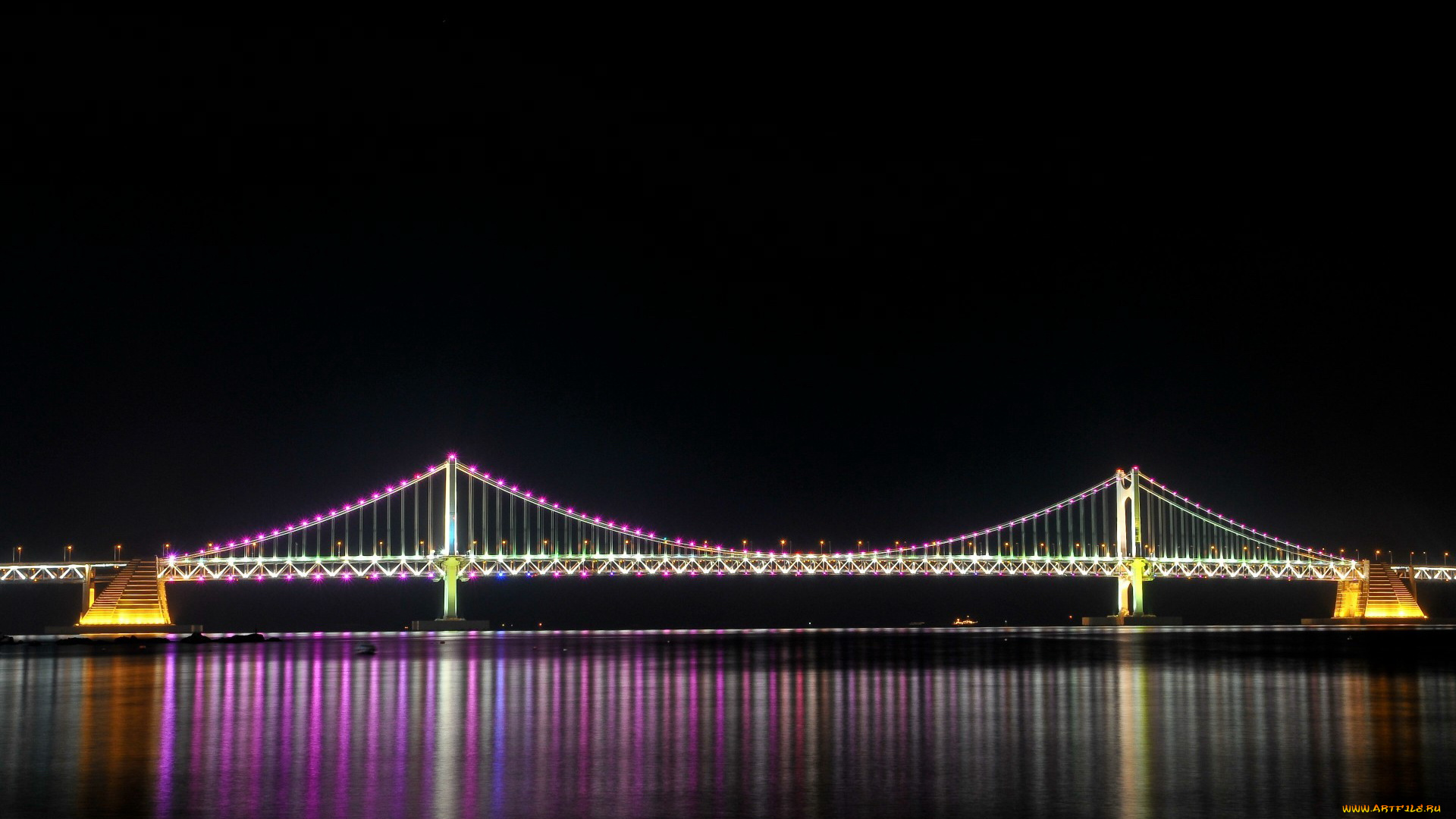 города, мосты, ночь, река, мост, gwangan, bridge, busan, south, korea