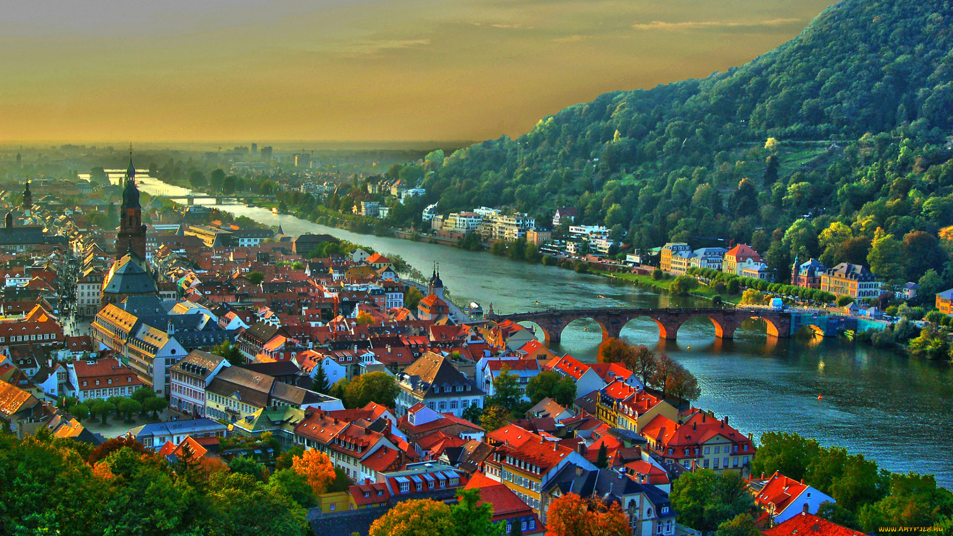 heidelberg, germany, города, гейдельберг, германия, neckar, river, хайдельберг, река, неккар, мост, здания, крыши, холм, закат