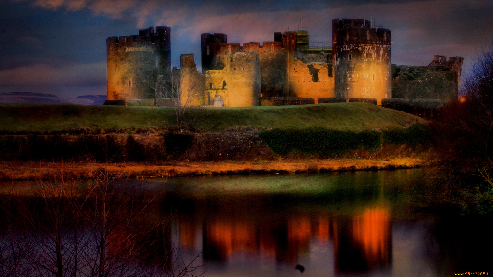 уэльс, caerphilly, castle, города, дворцы, замки, крепости, ночь, замок, огни