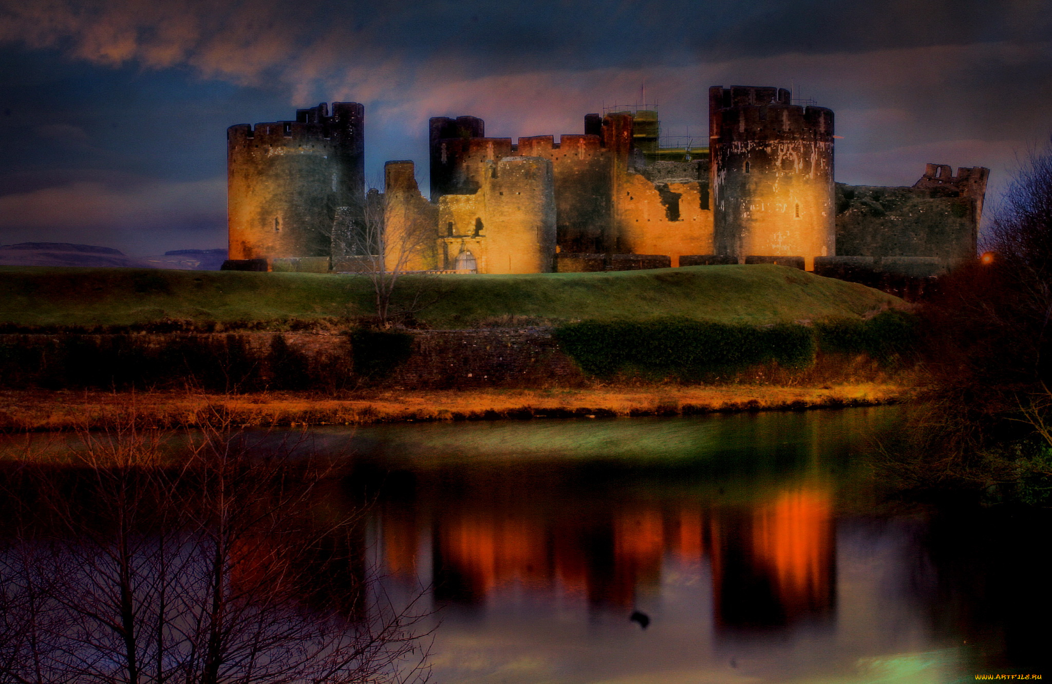 уэльс, caerphilly, castle, города, дворцы, замки, крепости, ночь, замок, огни