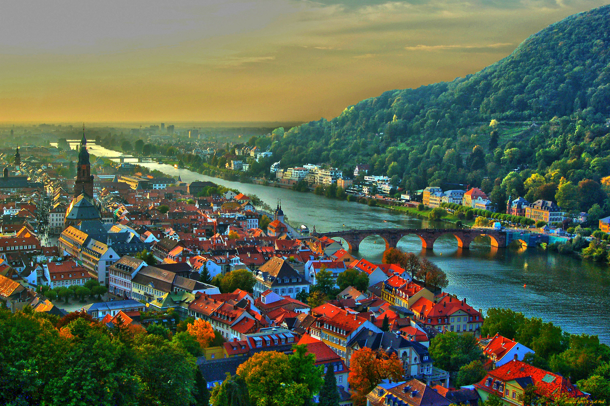 heidelberg, germany, города, гейдельберг, германия, neckar, river, хайдельберг, река, неккар, мост, здания, крыши, холм, закат