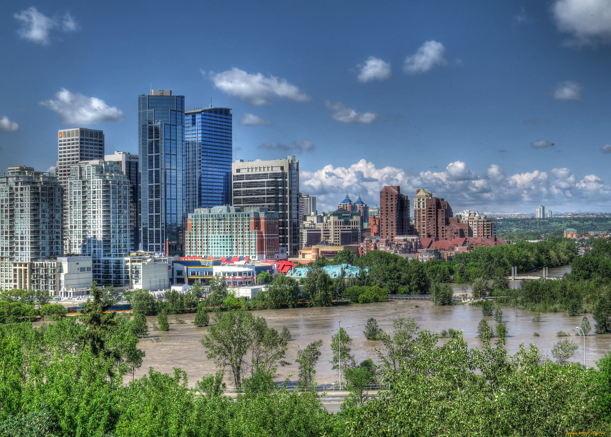 calgary, canada, города, панорамы, bow, river, деревья, калгари, канада, река, боу, здания