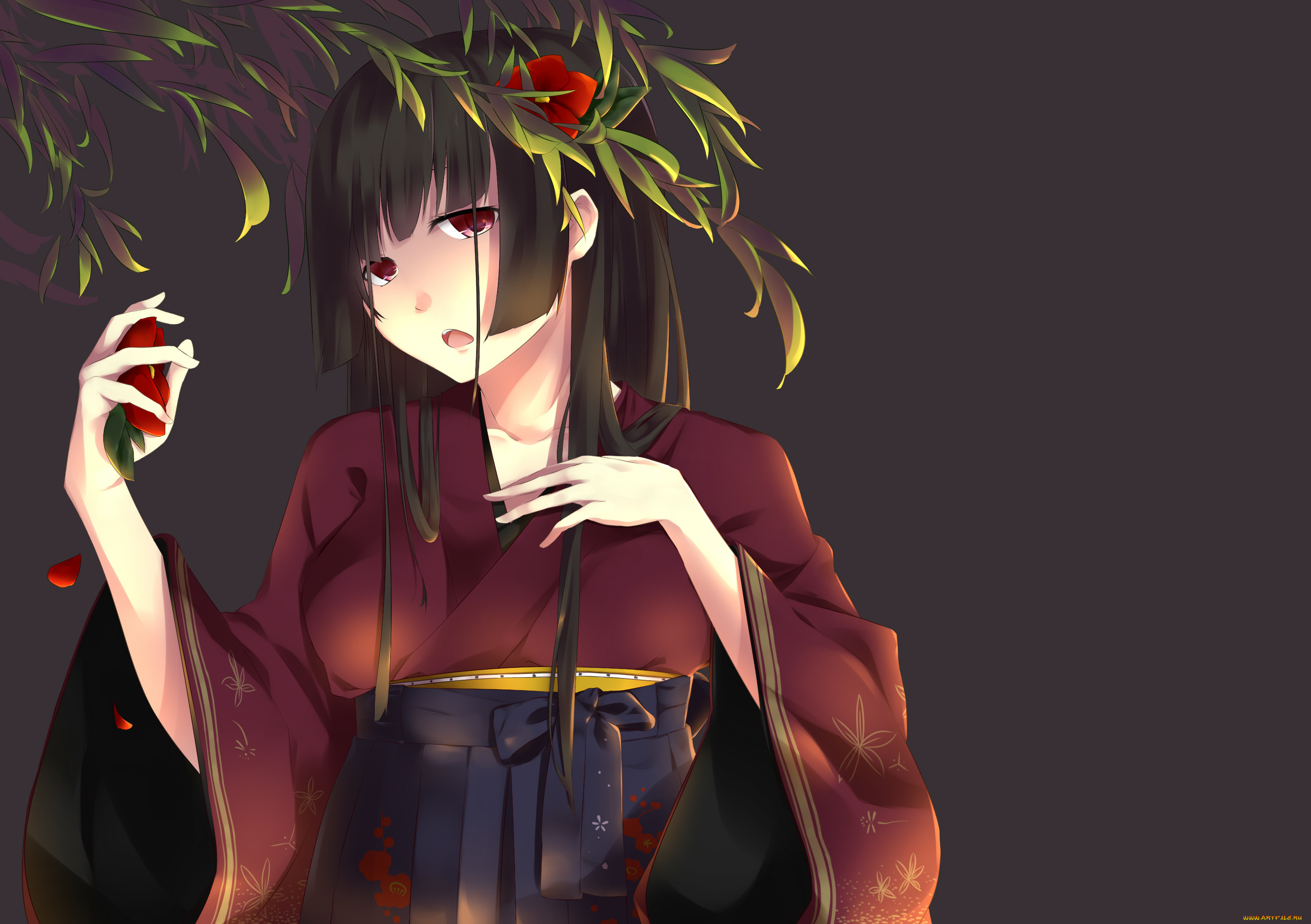 аниме, *unknown, , другое, девушка, листья, цветы, растение, кимоно, шатенка, арт