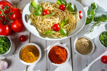 Картинка еда разное специи спагетти помидоры