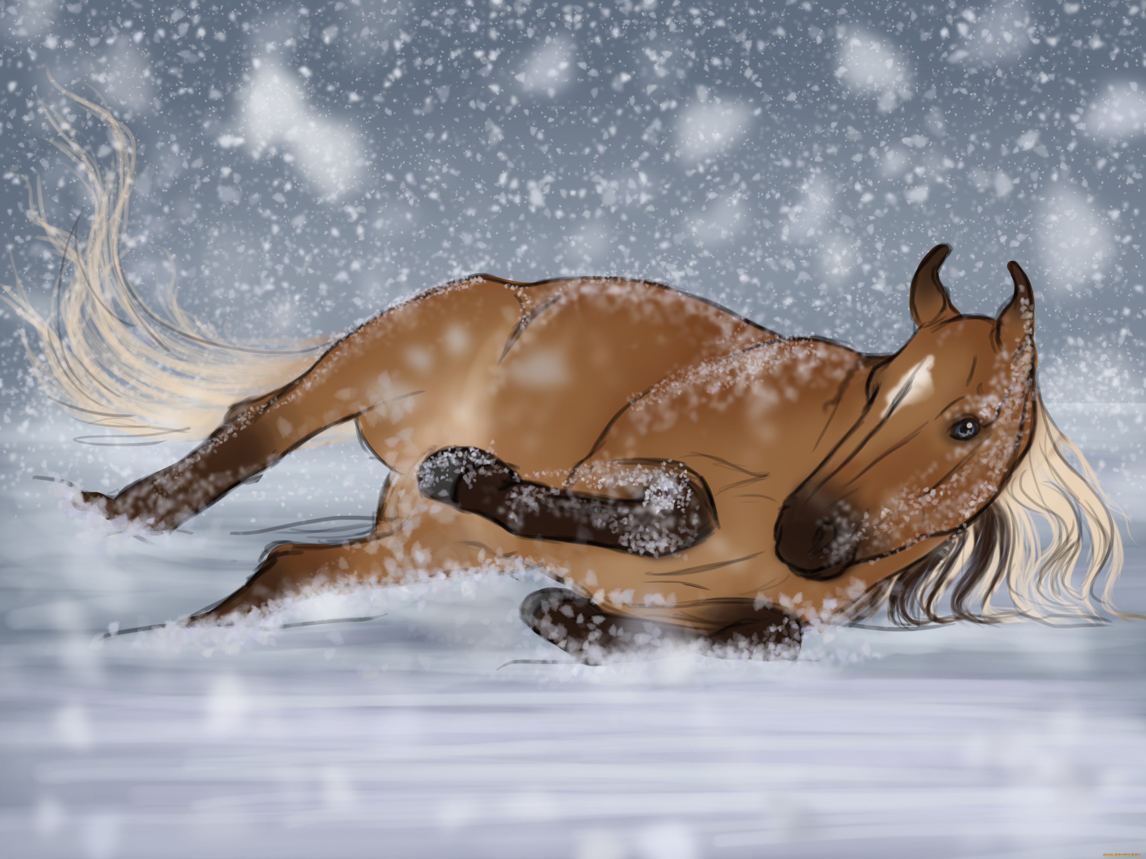 рисованное, животные, , лошади, лошадь, зима, снег