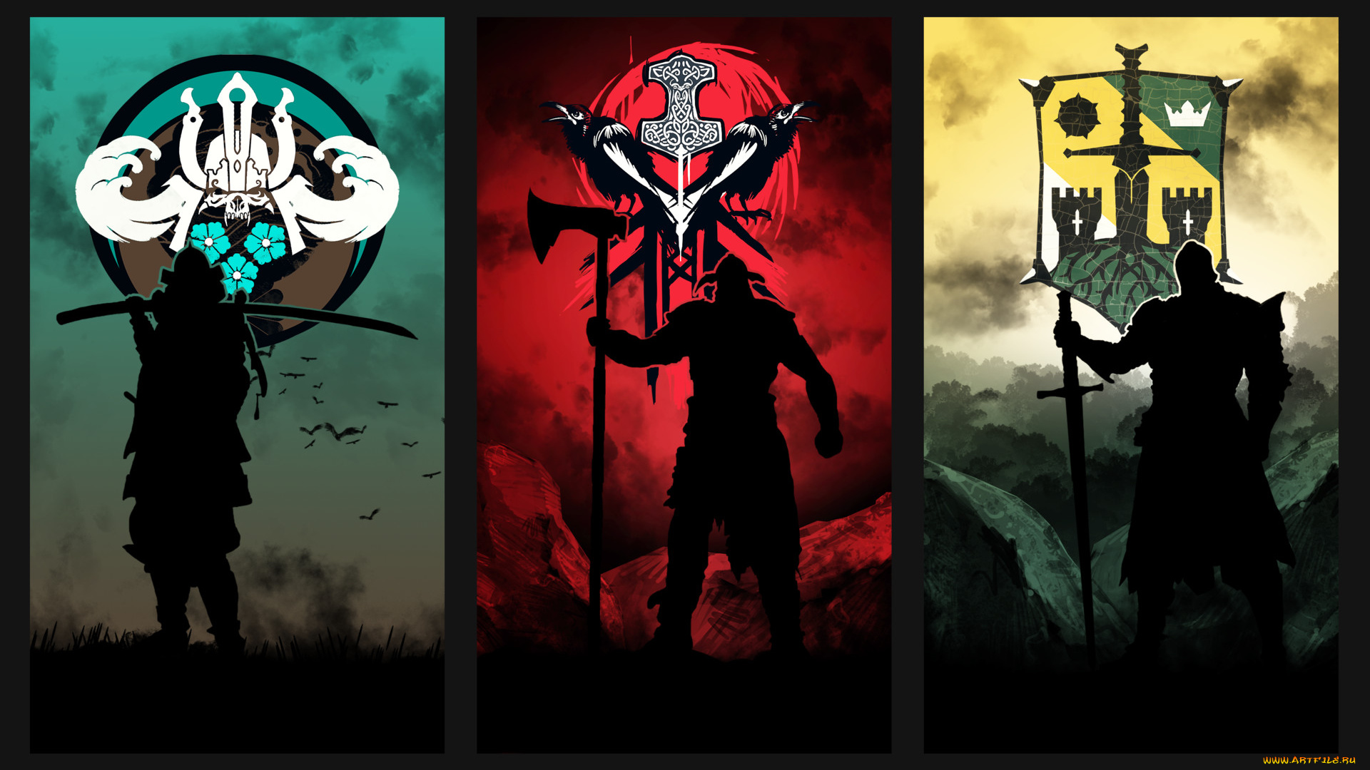 видео, игры, for, honor, самурай, викинг, рыцарь, эмблемы, силуэты