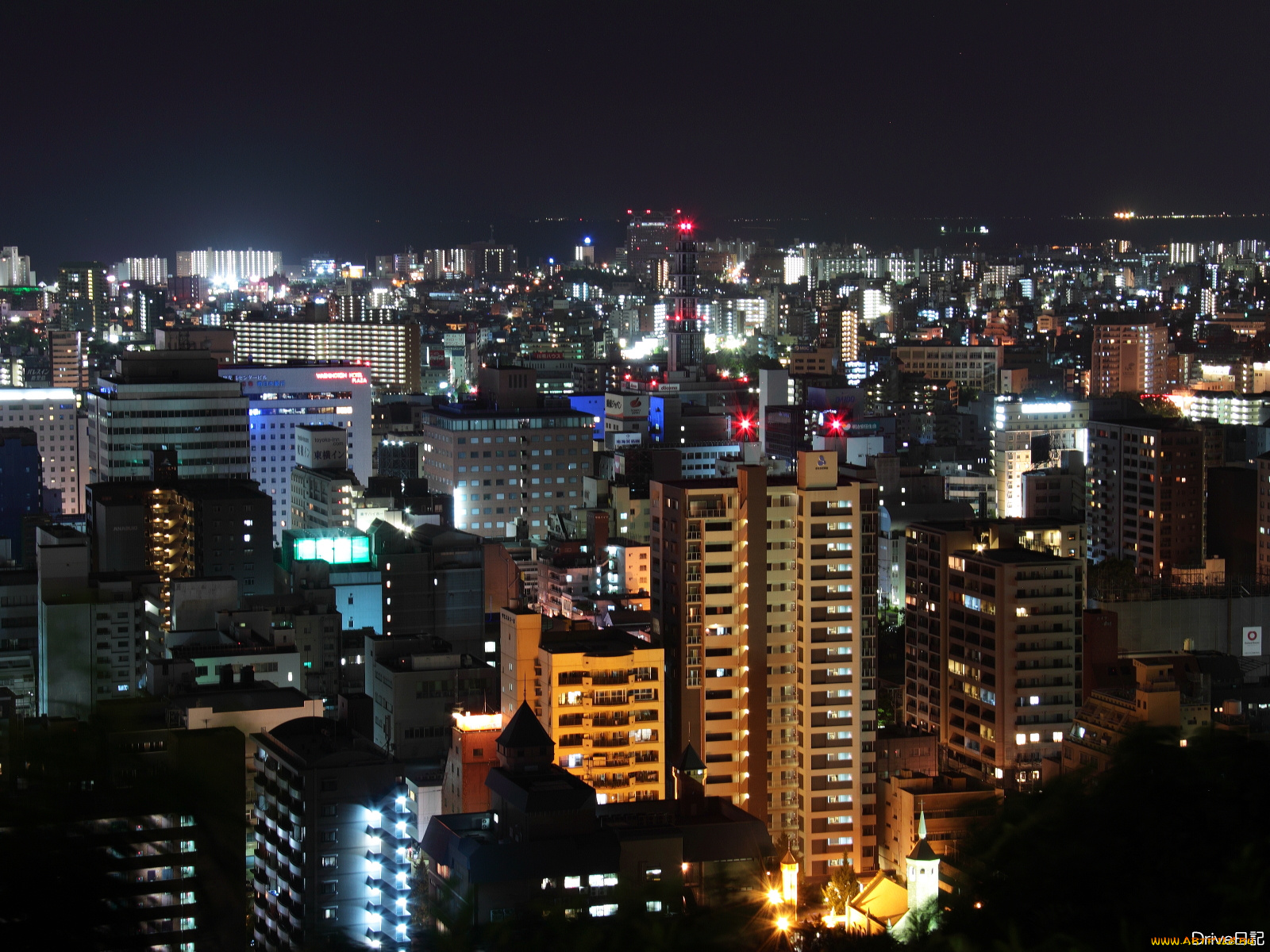 города, огни, ночного, ночной, город, kagoshima, city, japan