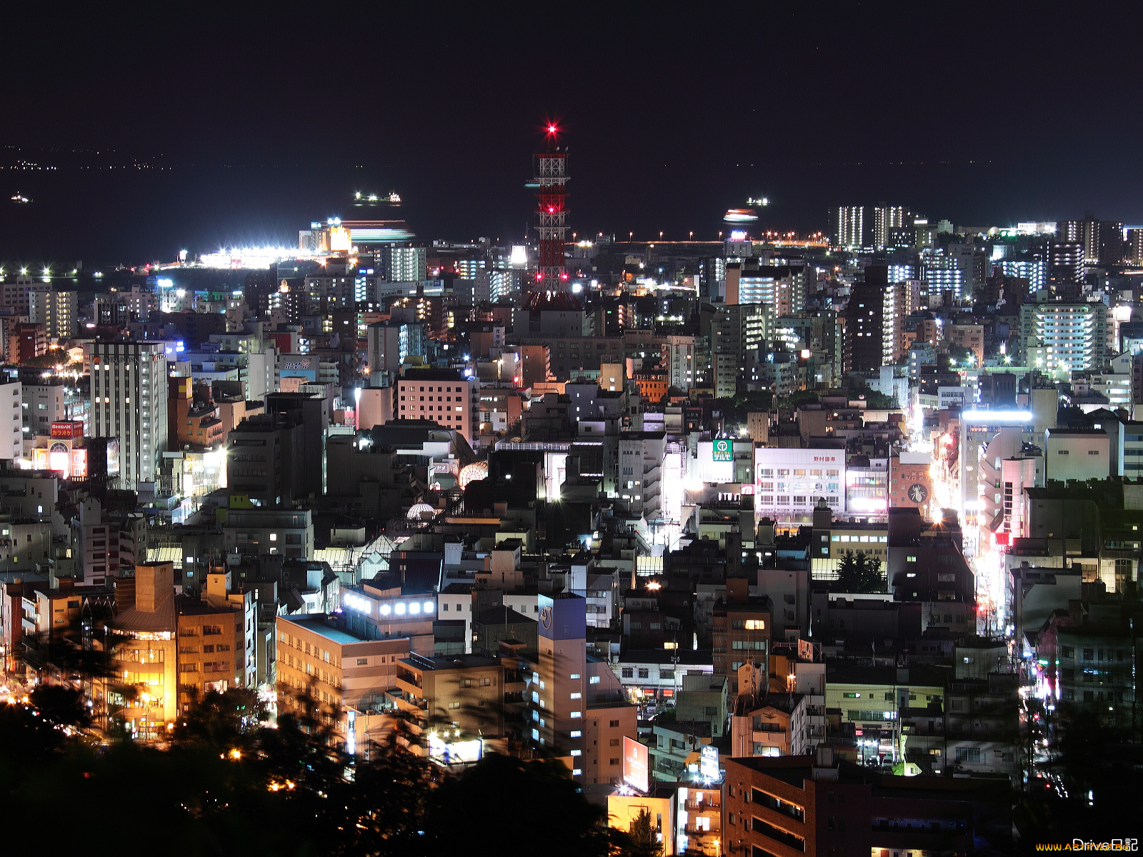 города, огни, ночного, ночной, город, kagoshima, city, japan