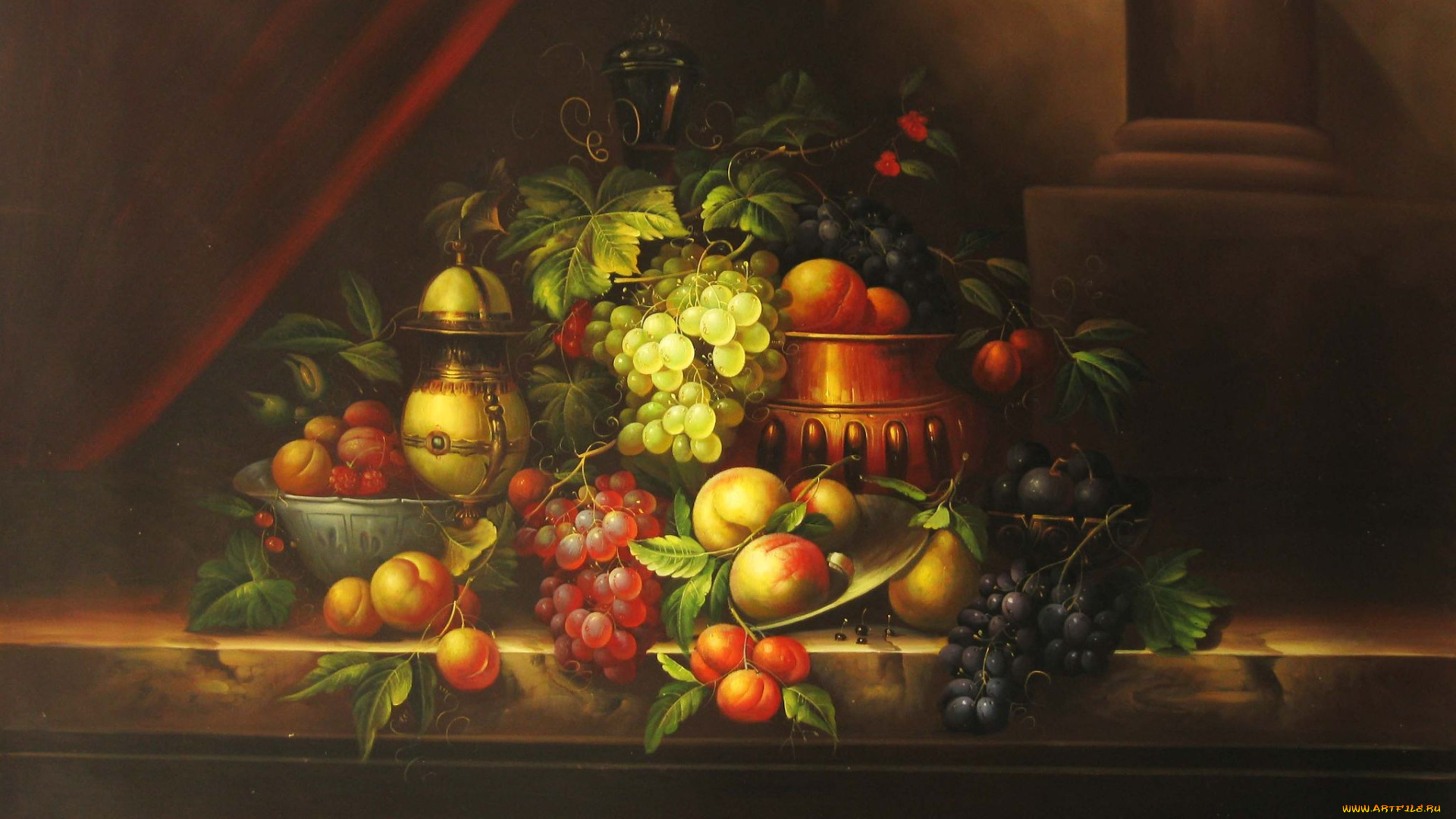 рисованные, еда, ваза, виноград, персики