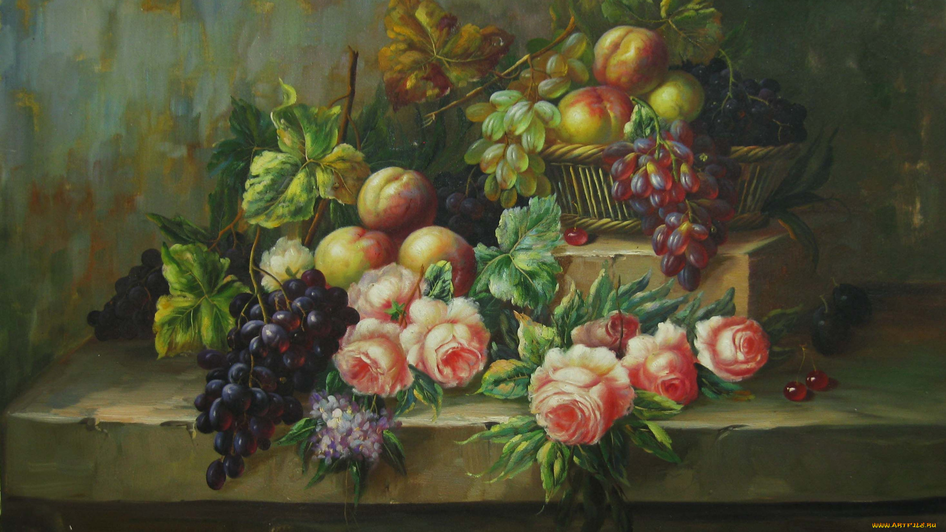 рисованные, еда, яблоки, виноград, розы, сирень