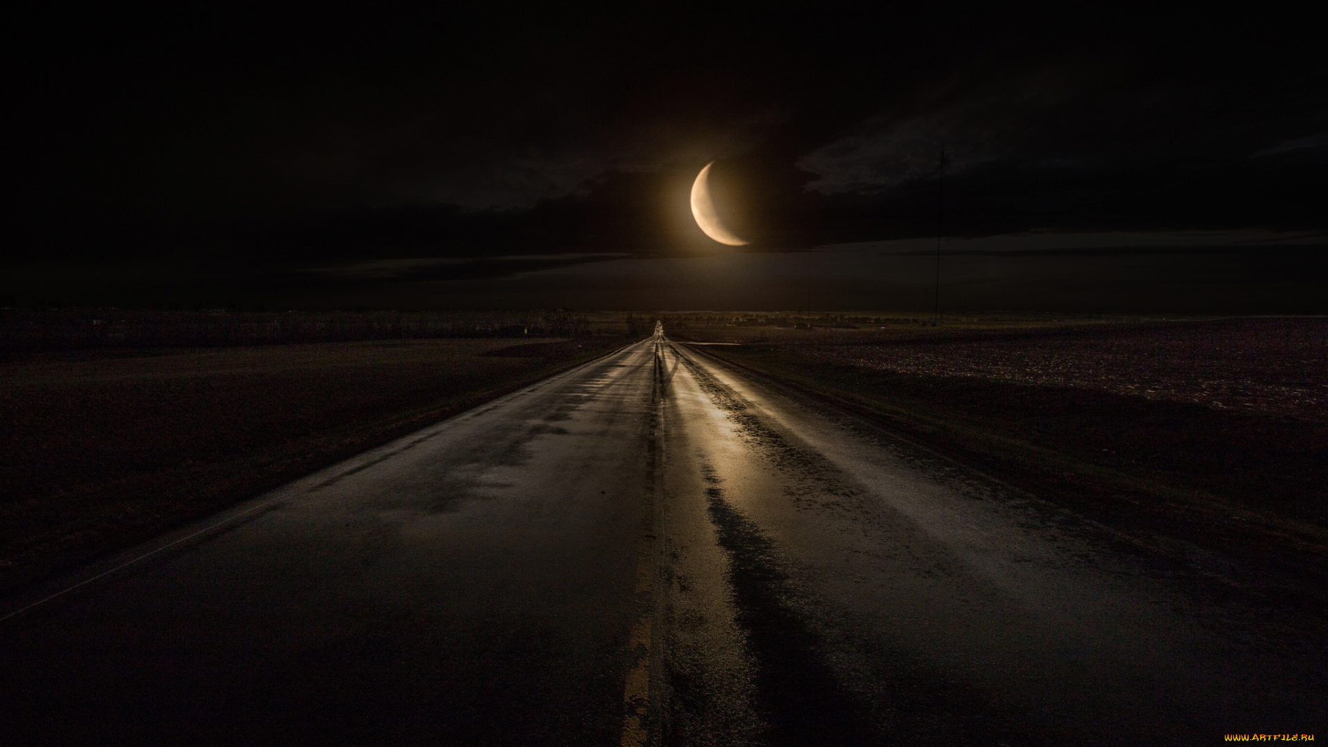 природа, дороги, луна, ночь, дорога