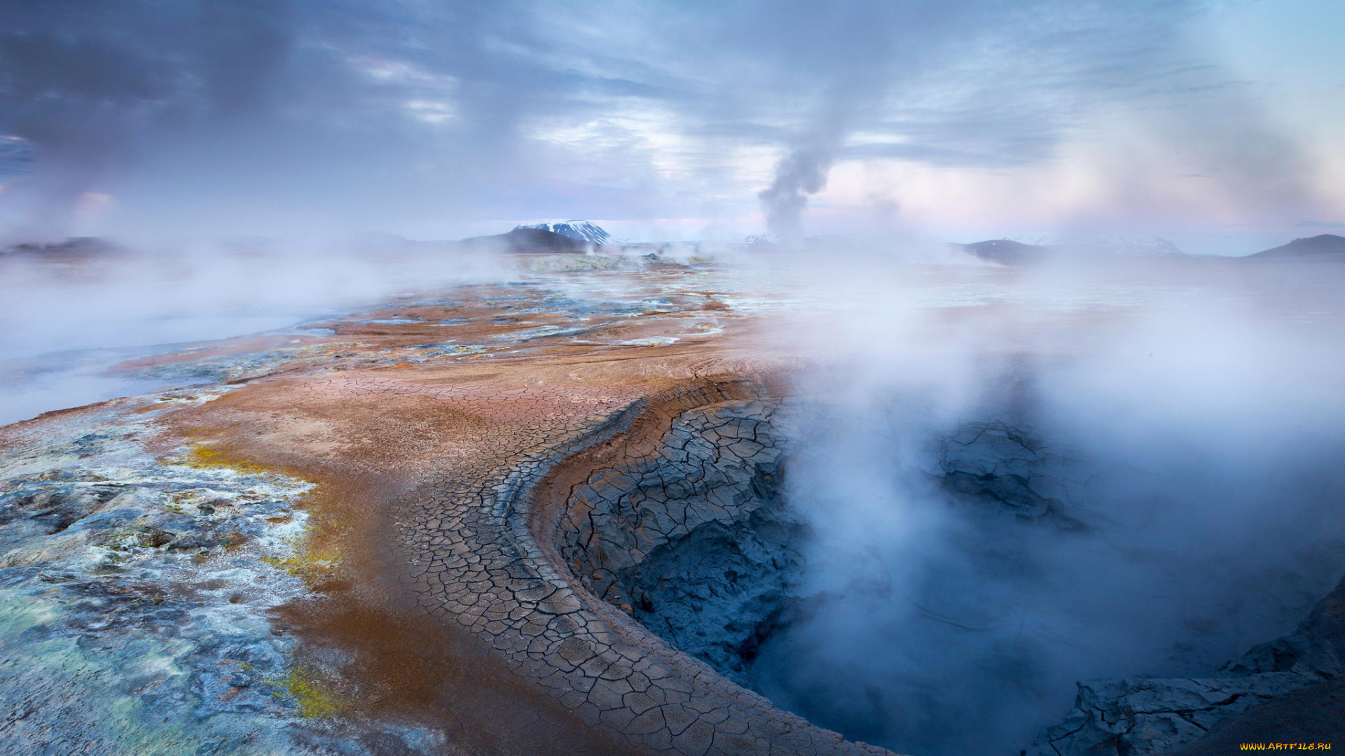 природа, горы, кратер, дым, исландия, снег, облака, вулканы
