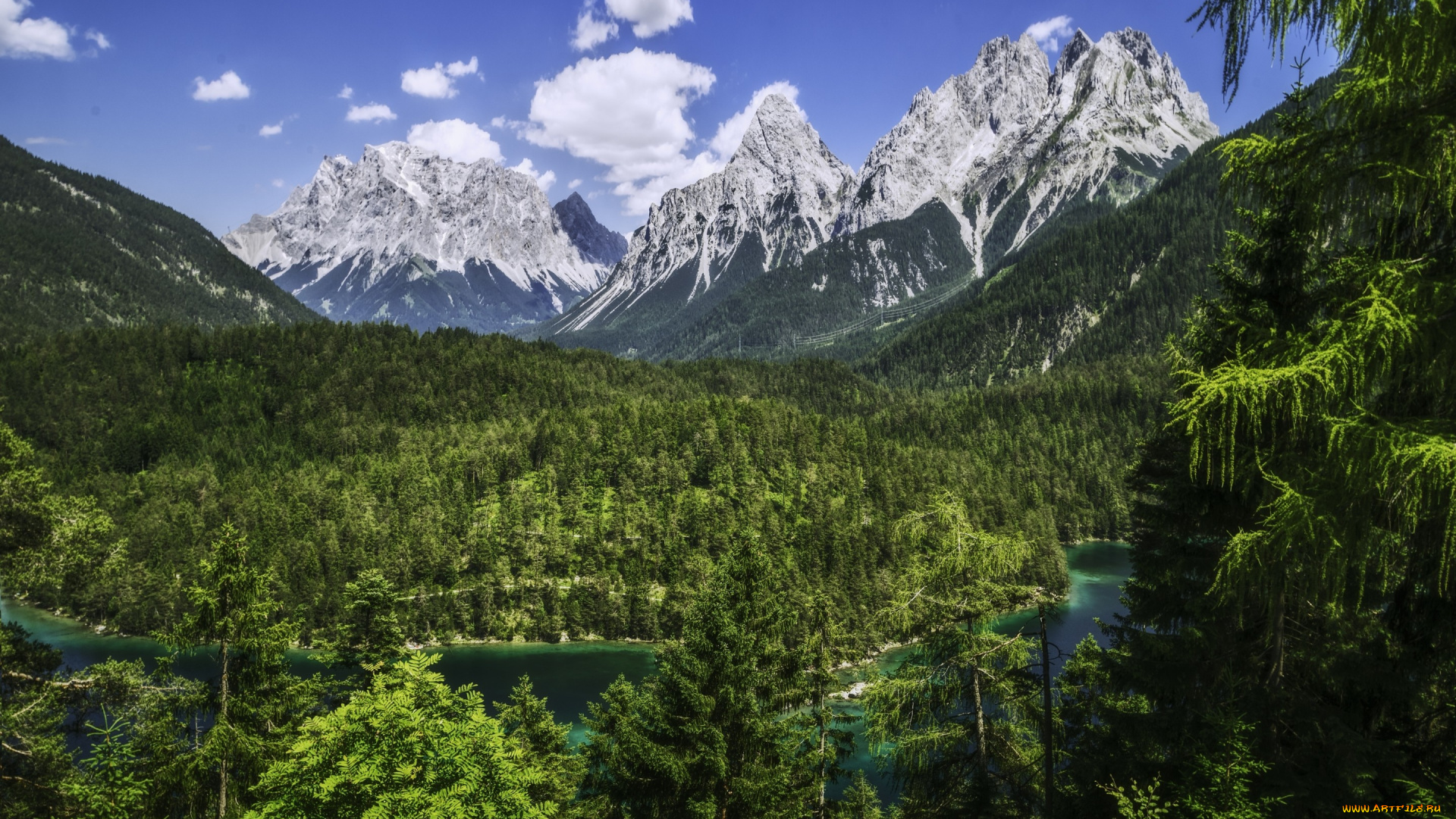 природа, горы, река, бавария, bavaria, alps, альпы, wetterstein, mountains, панорама, лес, германия, zugspitze, хребет, веттерштайн, цугшпитце, germany