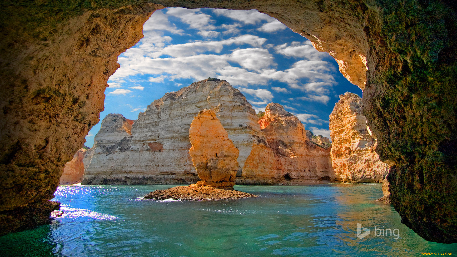 природа, побережье, понта-да-пьедаде, лагос, португалия, море, скалы, пещера, грот, арка, небо, облака