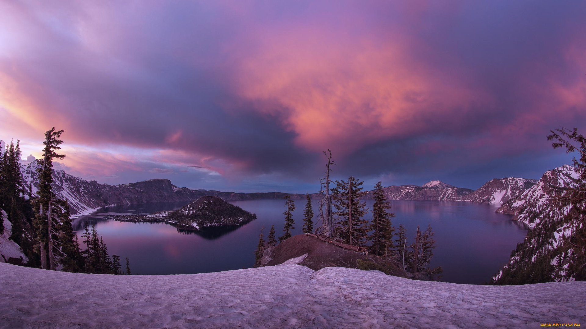 природа, реки, озера, crater, lake, national, park, usa, oregon, снег, зима, кратер, остров, озеро, закат