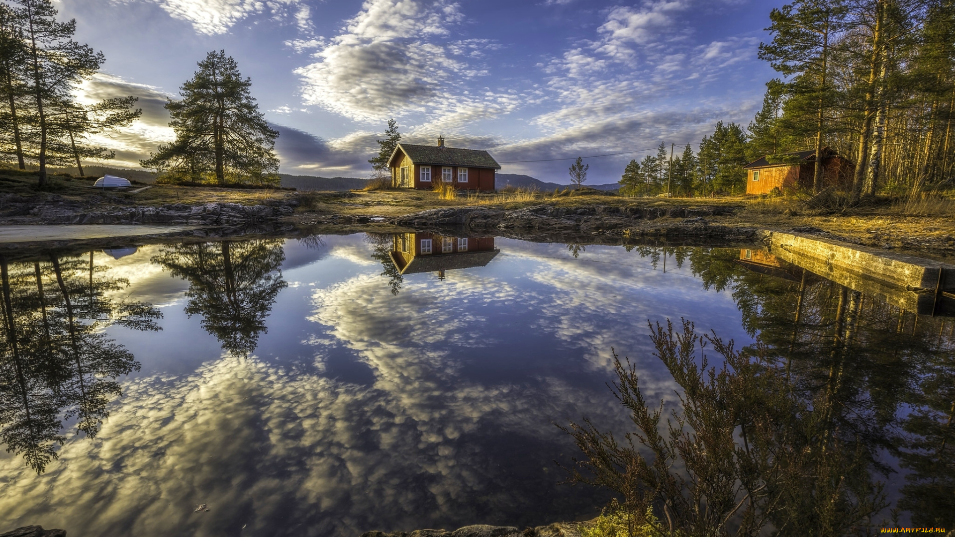 природа, реки, озера, деревья, облака, ringerike, озеро, норвегия, рингерике, norway, дома, отражение