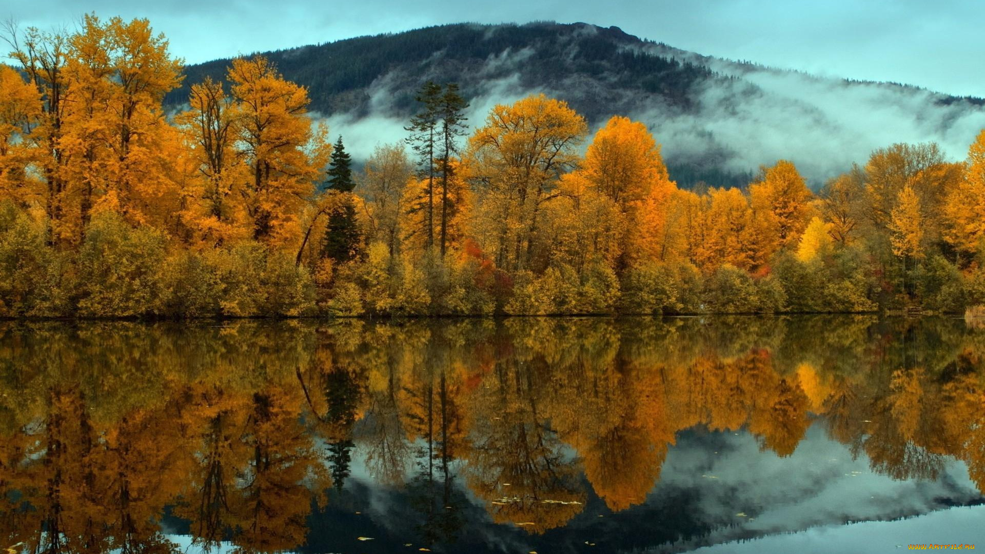 природа, реки, озера, осень, деревья, лес, озеро, отражение, туман, сопка