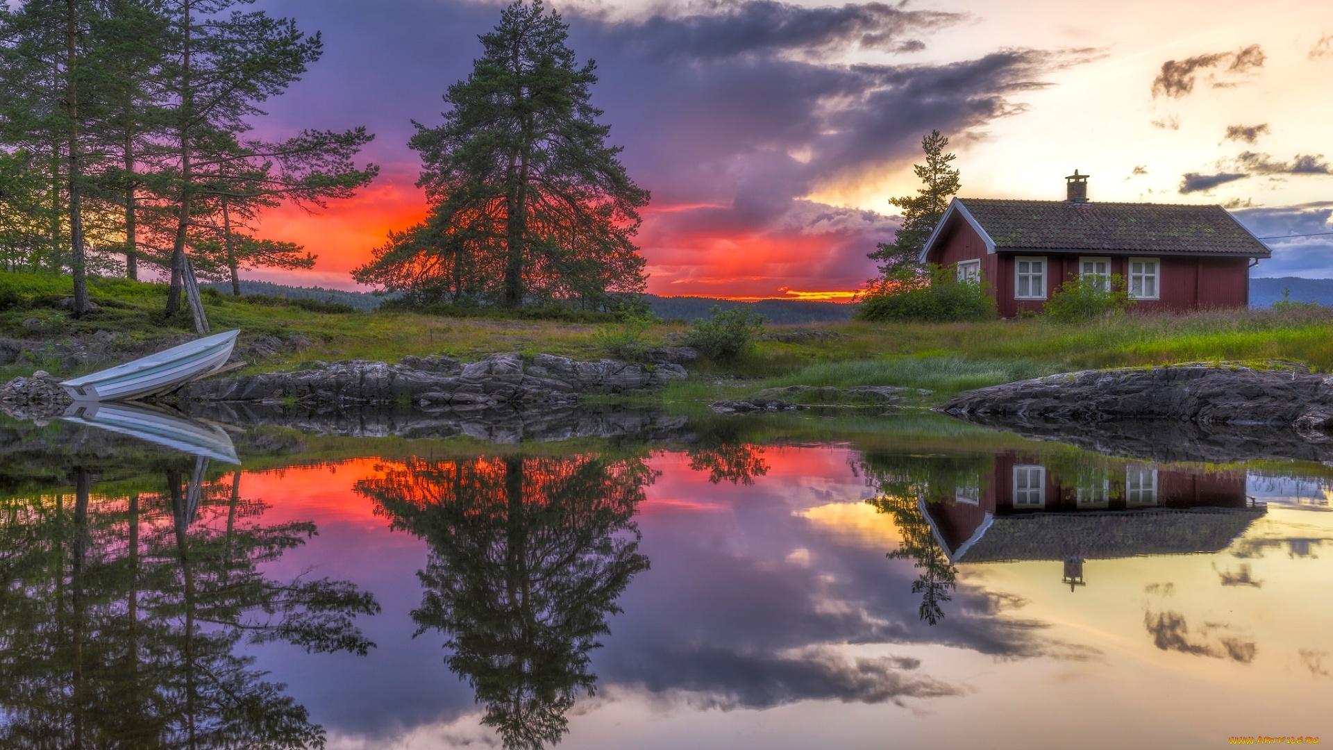 природа, реки, озера, озеро, норвегия, отражение, дом, закат, рингерике, norway, деревья, лодка, ringerike