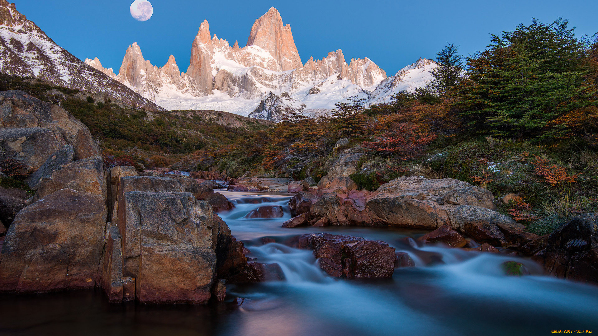 природа, реки, озера, поток, река, луна, ночь, пики, анды, горы, аргентина, южная, америка, патагония