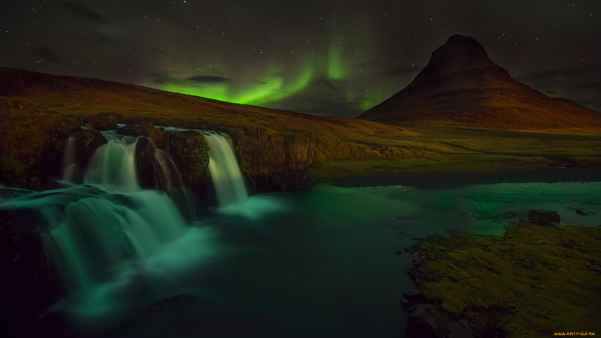 природа, северное, сияние, гора, ночь, снег, вулкан, скалы, водопад, исландия, kirkjufell