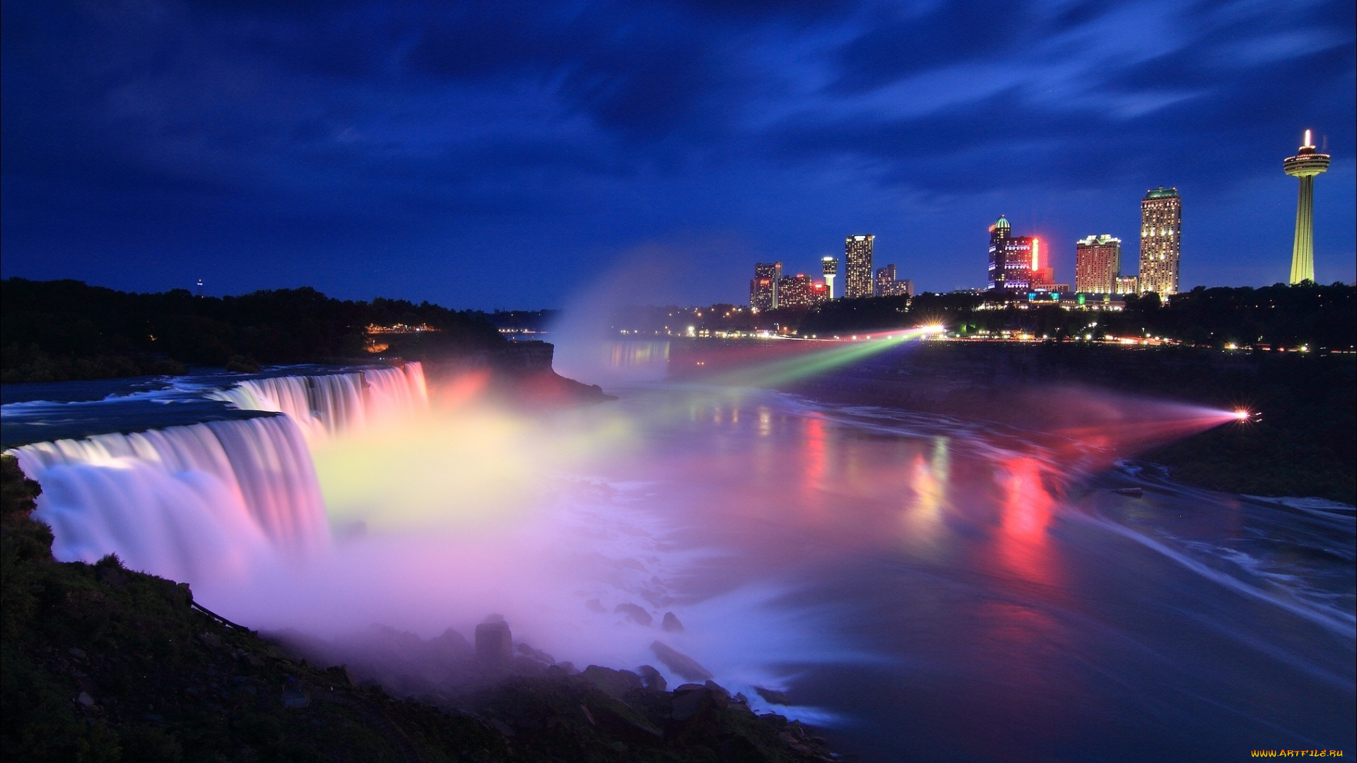 природа, водопады, онтарио, город, ниагарский, водопад, ночь, niagara, falls, night, ontario, canada, usa, канада