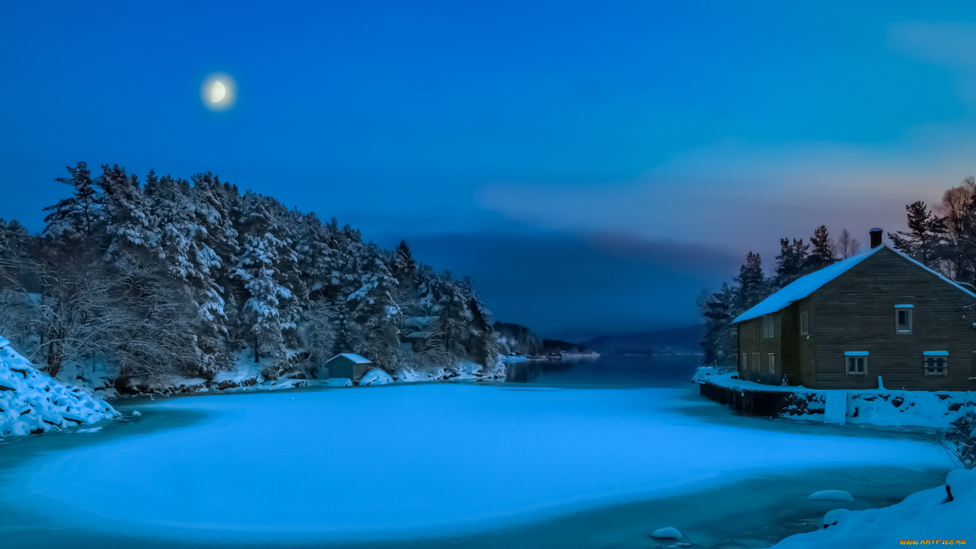 природа, зима, норвегия, дом, залив, ночь