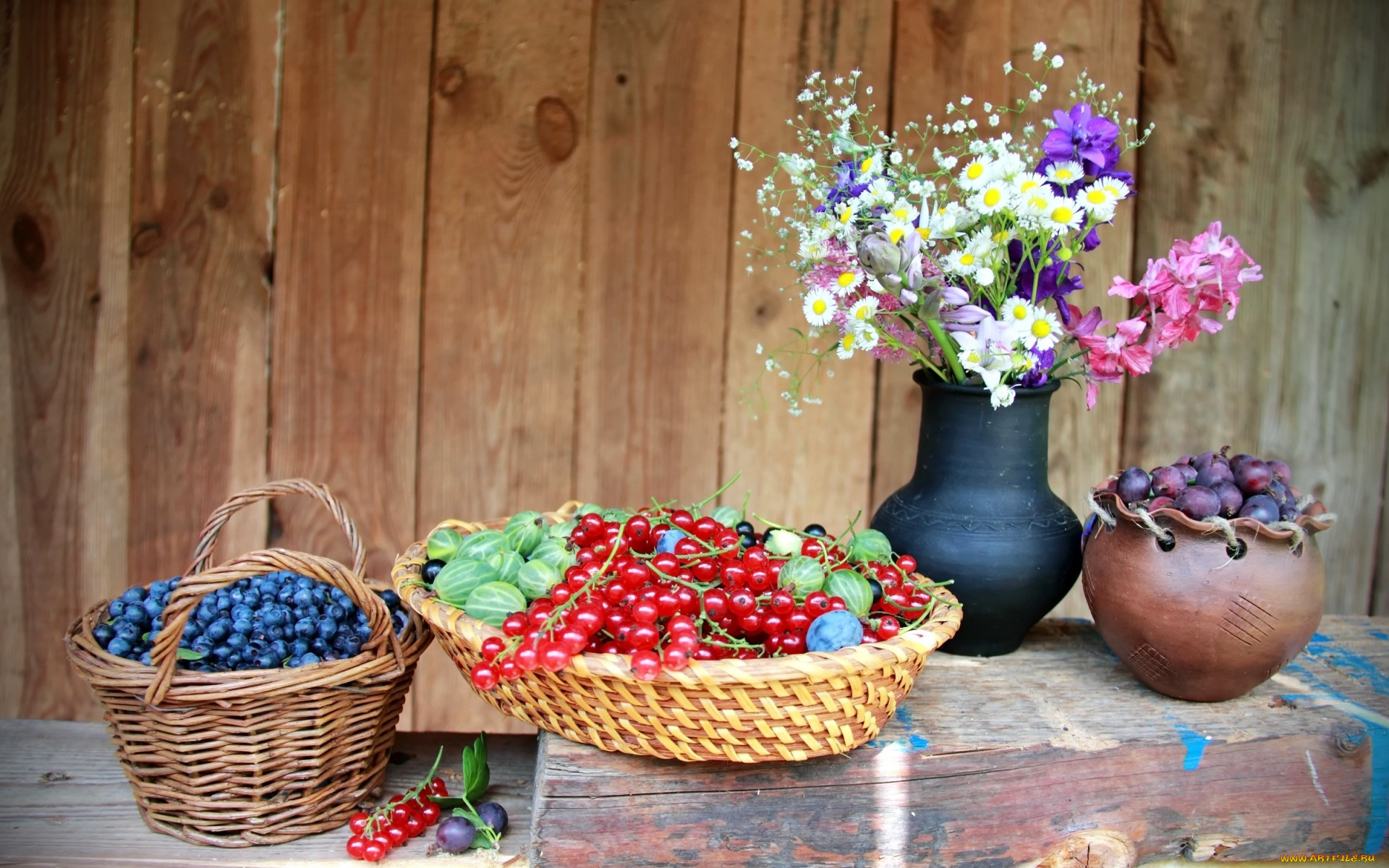 еда, фрукты, , ягоды, смородина, черника, крыжовник, натюрморт, цветы, ягоды, лето