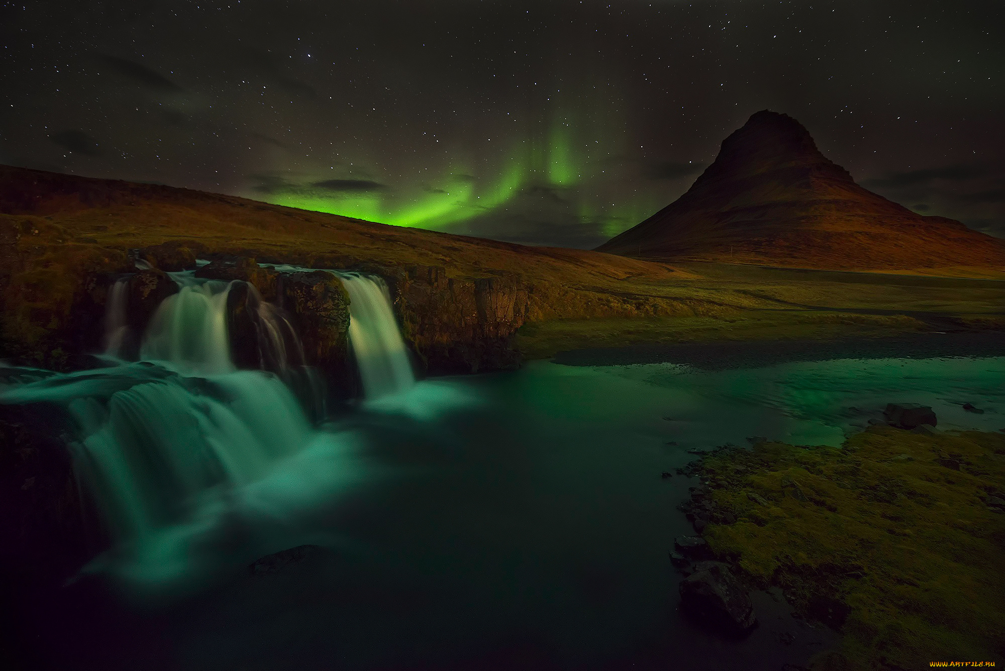 природа, северное, сияние, гора, ночь, снег, вулкан, скалы, водопад, исландия, kirkjufell