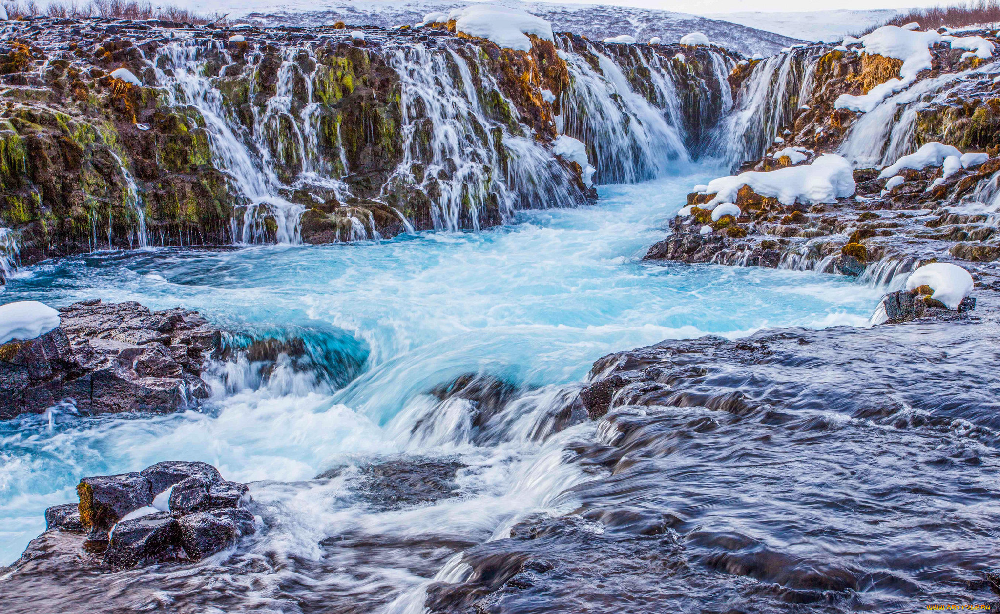 природа, водопады, исландия, горы, скалы, снег, водопад, поток, река