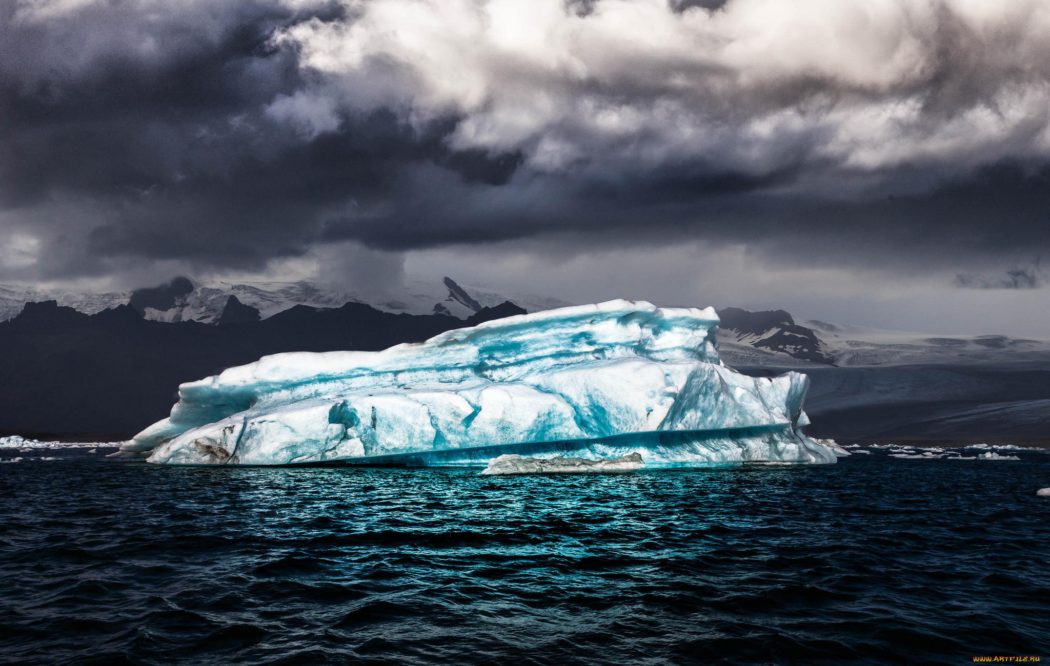 природа, айсберги, и, ледники, айсберг, море, тучи