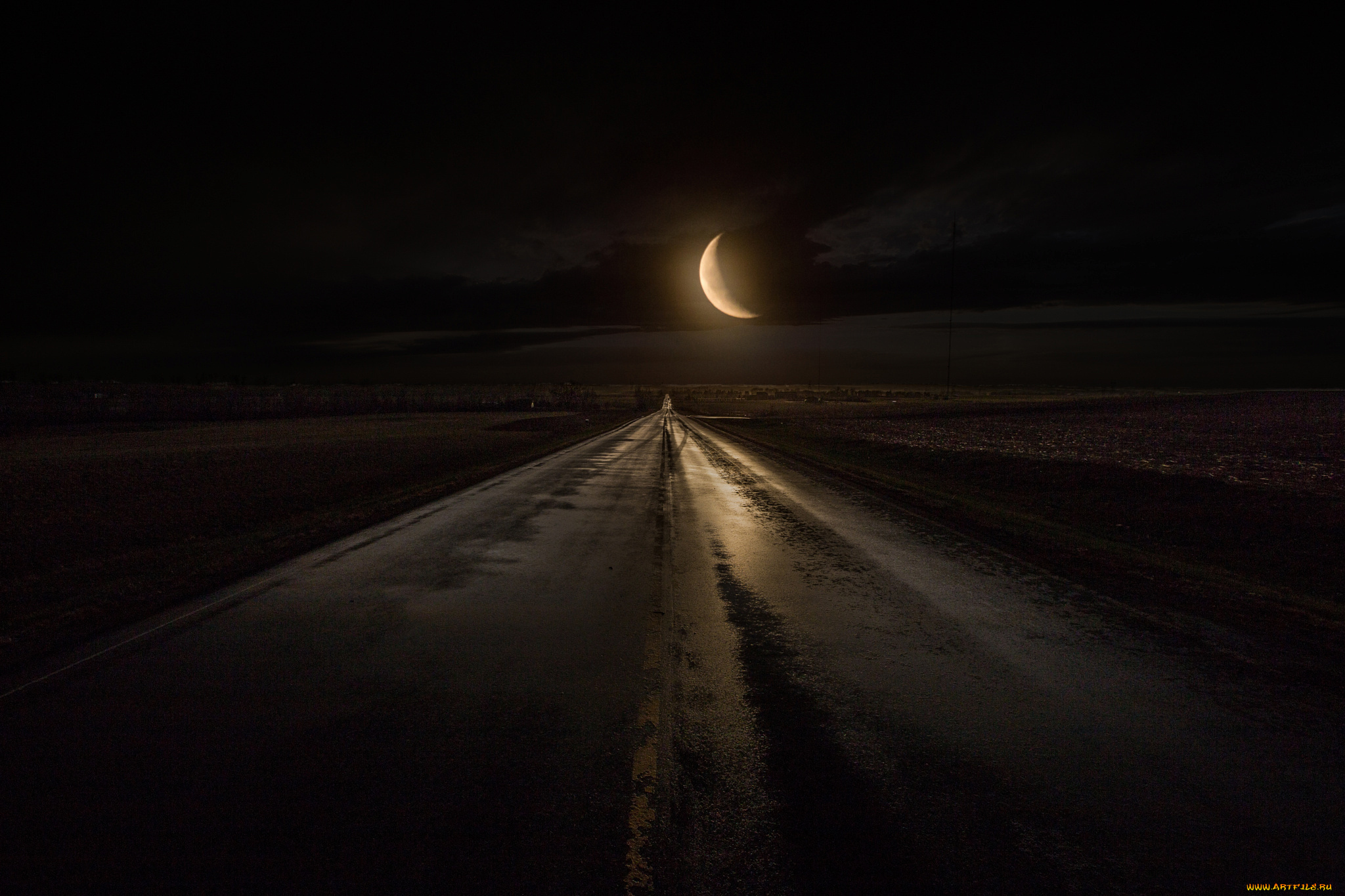 природа, дороги, луна, ночь, дорога