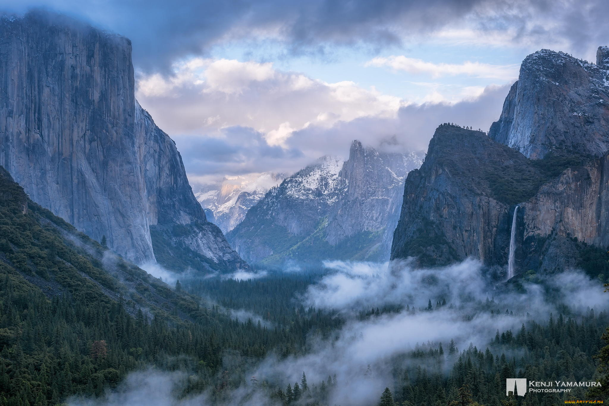 природа, горы, пейзаж, парк, yosemite, водопад, тучи