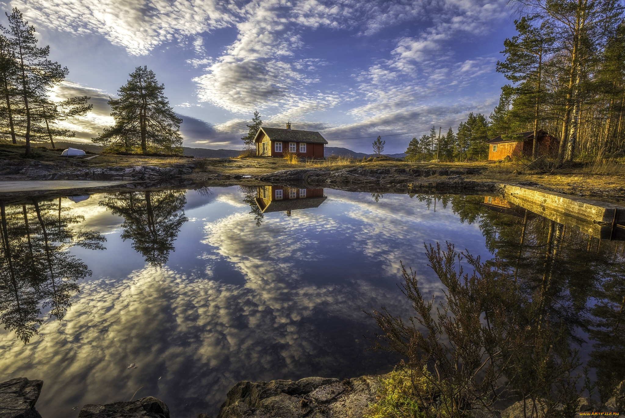 природа, реки, озера, деревья, облака, ringerike, озеро, норвегия, рингерике, norway, дома, отражение