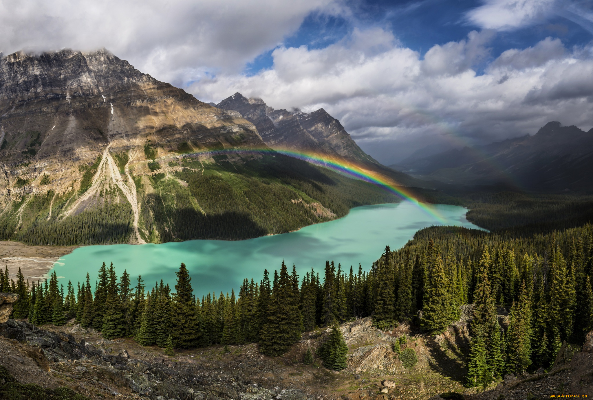 природа, радуга, канада, озеро, лес, деревья, горы