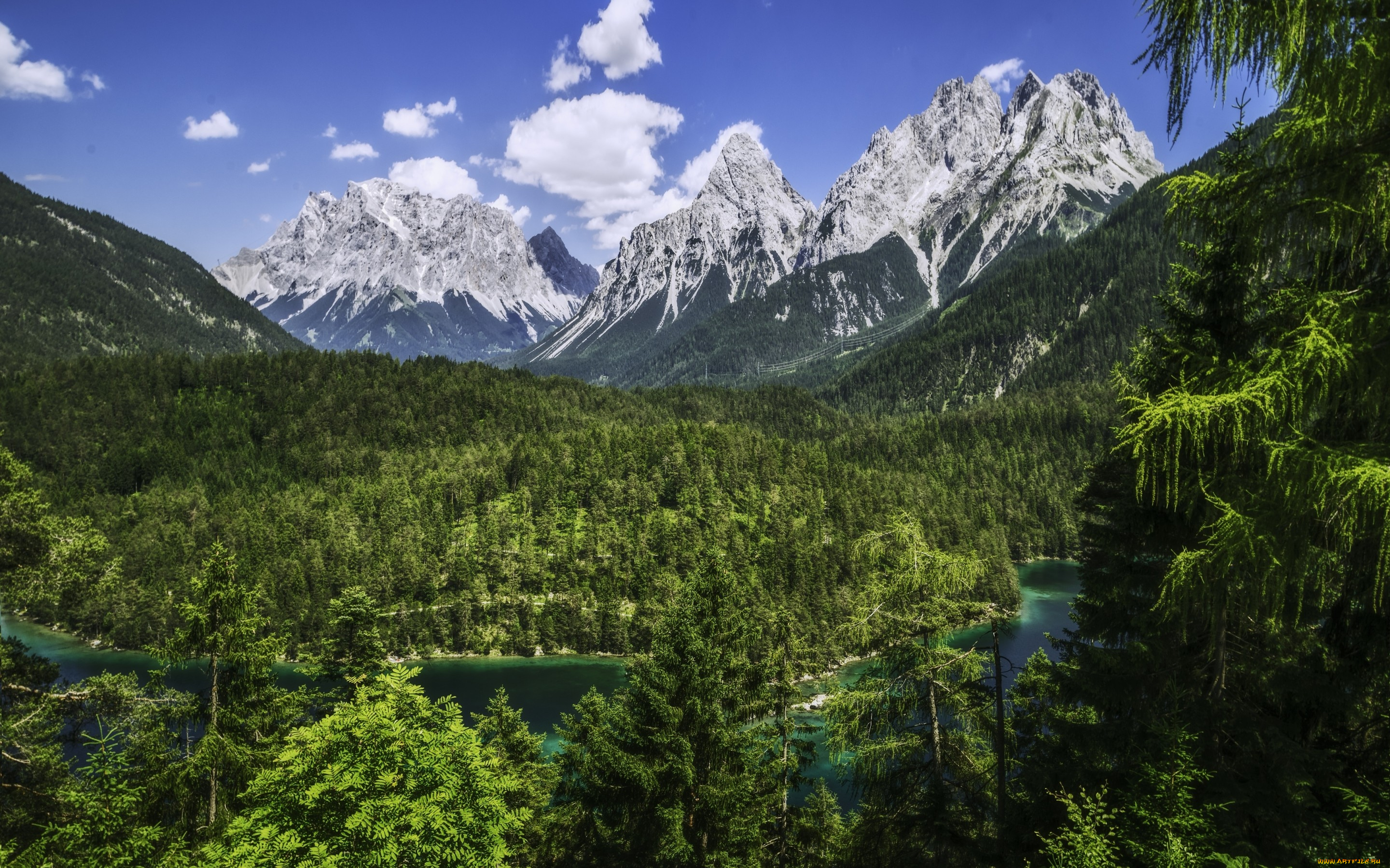 природа, горы, река, бавария, bavaria, alps, альпы, wetterstein, mountains, панорама, лес, германия, zugspitze, хребет, веттерштайн, цугшпитце, germany