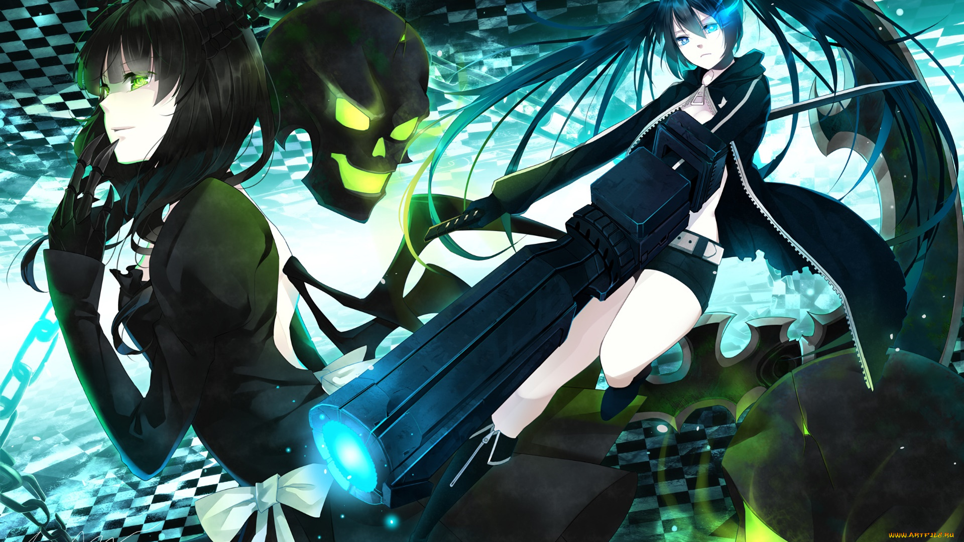 black, rock, shooter, аниме, взгляд, фон, девушка