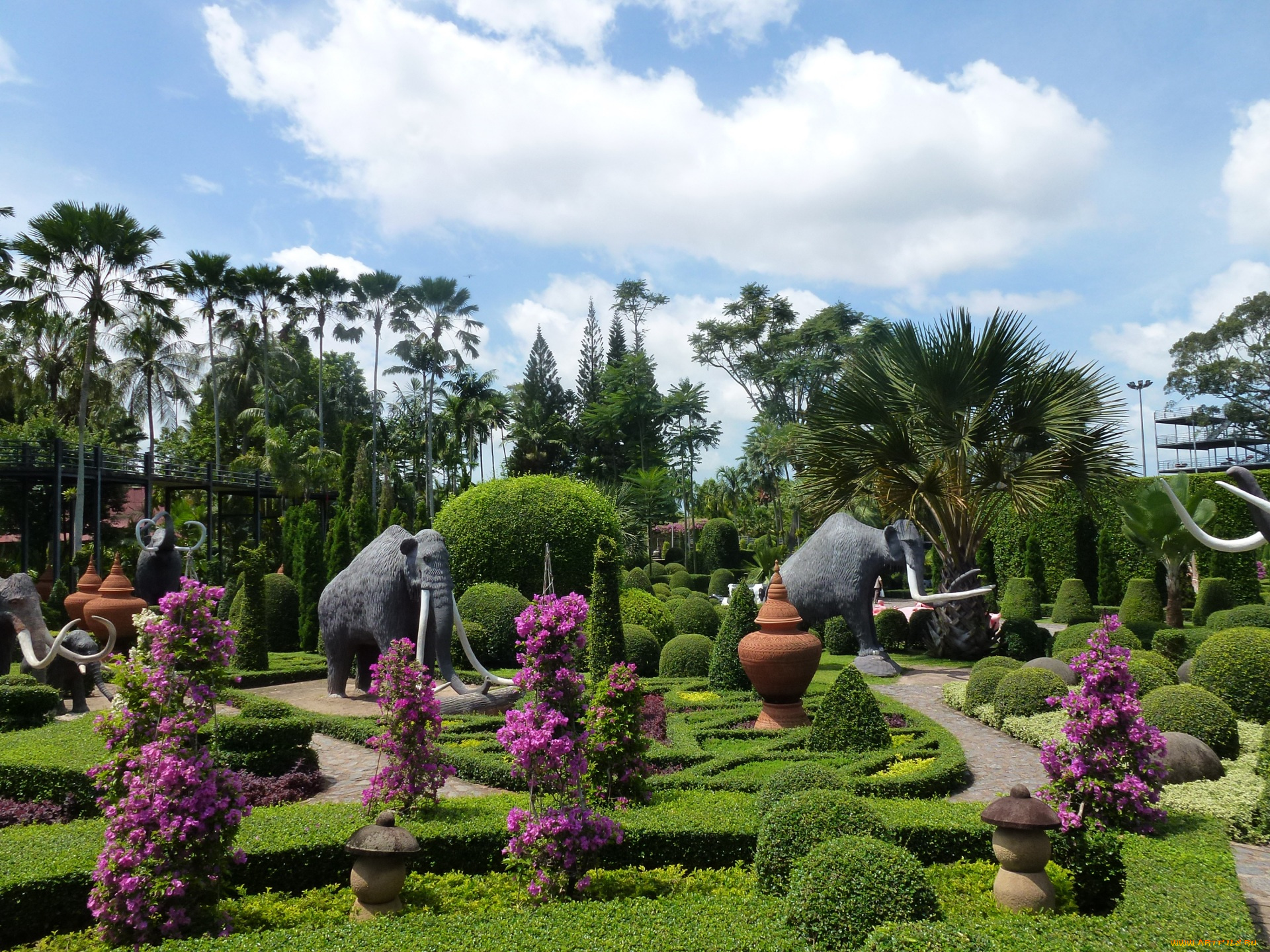 таиланд, разное, садовые, и, парковые, скульптуры, цветы, пальмы, мамонты, облака