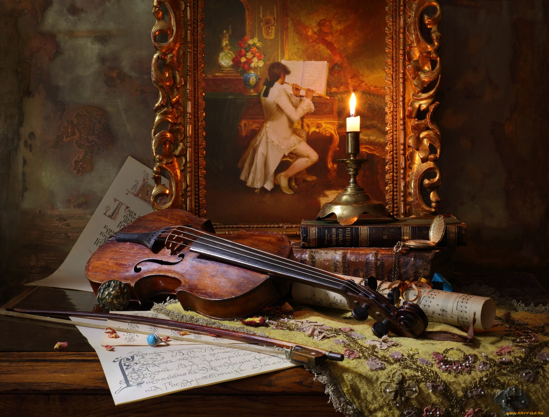 музыка, -музыкальные, инструменты, портрет, часы, свеча, скрипка