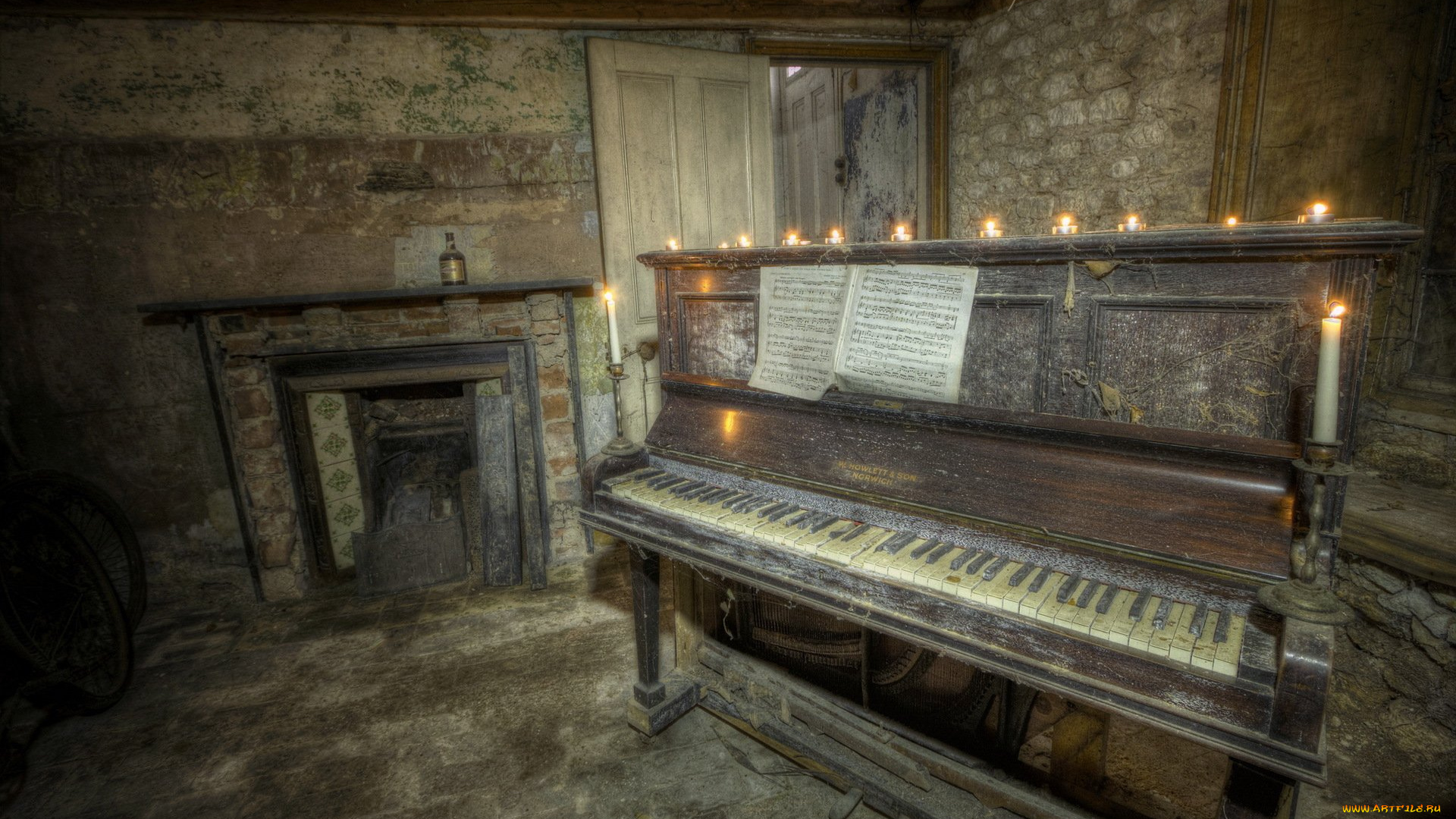 музыка, -музыкальные, инструменты, камин, помещение, пианино, ноты, свеча